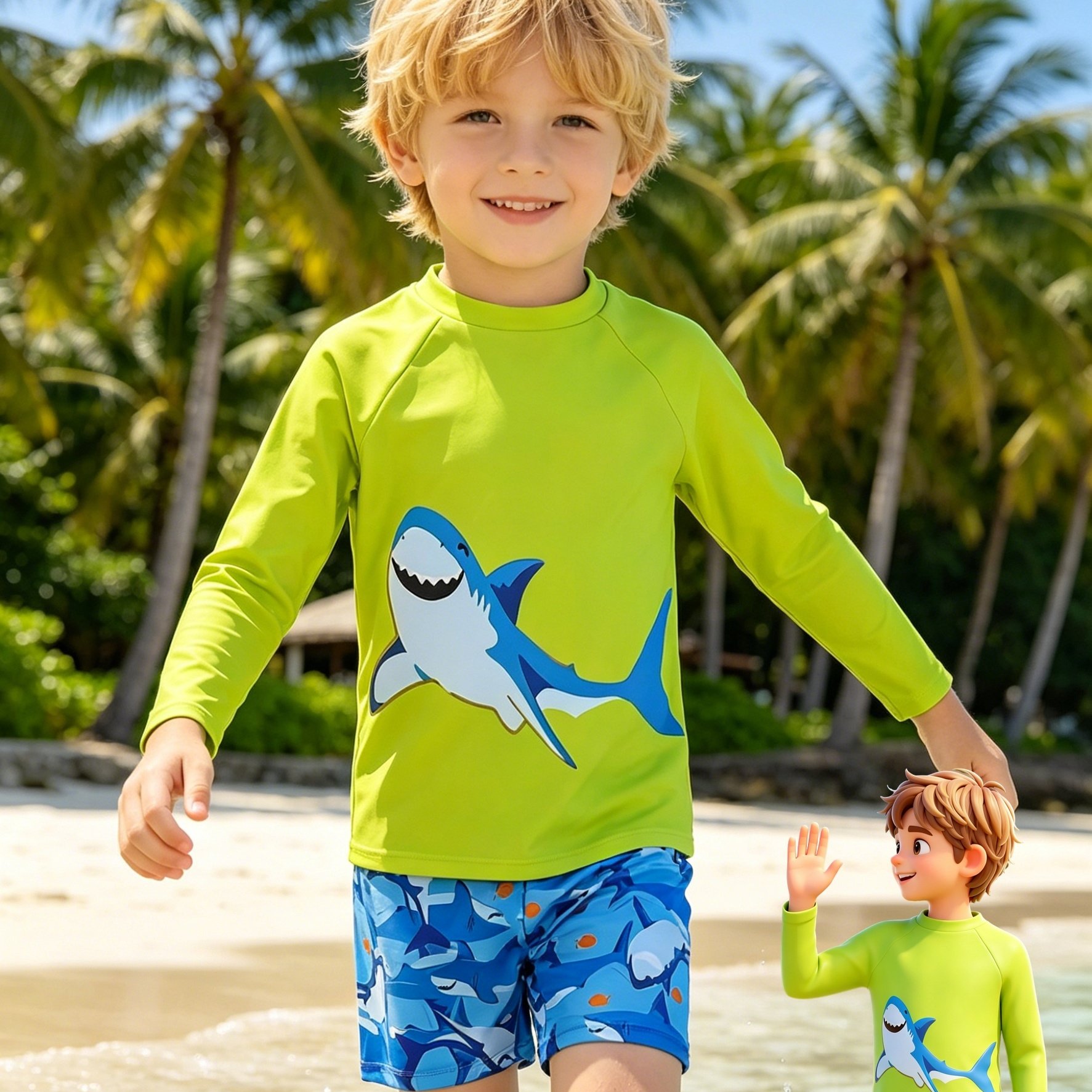 TEMU Spring/summer Shark Print Long-sleeve Shorts Swimwear Set Swimming Pool