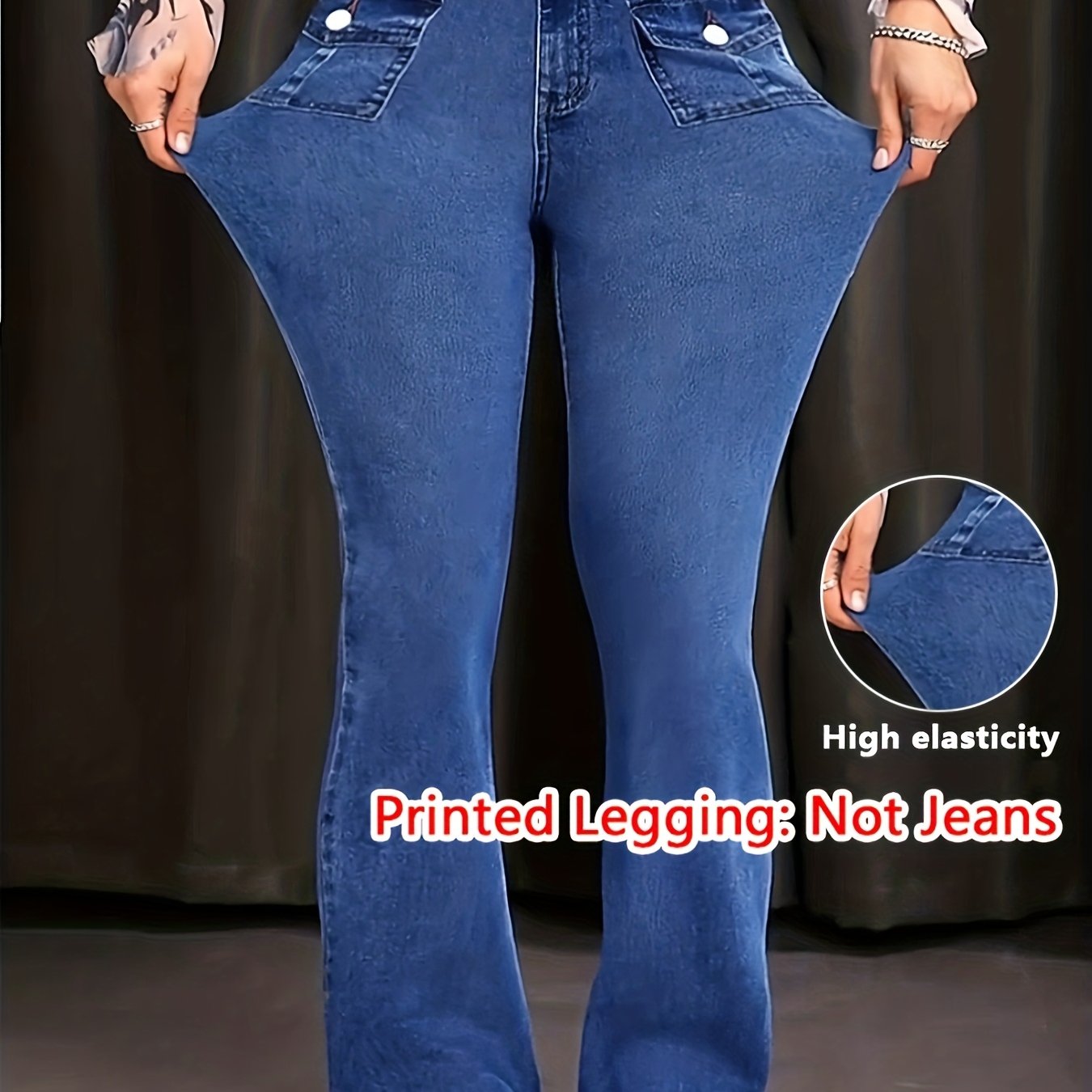 TEMU Leggings Estampados [Estampado de Denim/ Denim] - Pantalones de Mujer en Tela No Denim, Pantalones Acampanados con Estampado de Denim