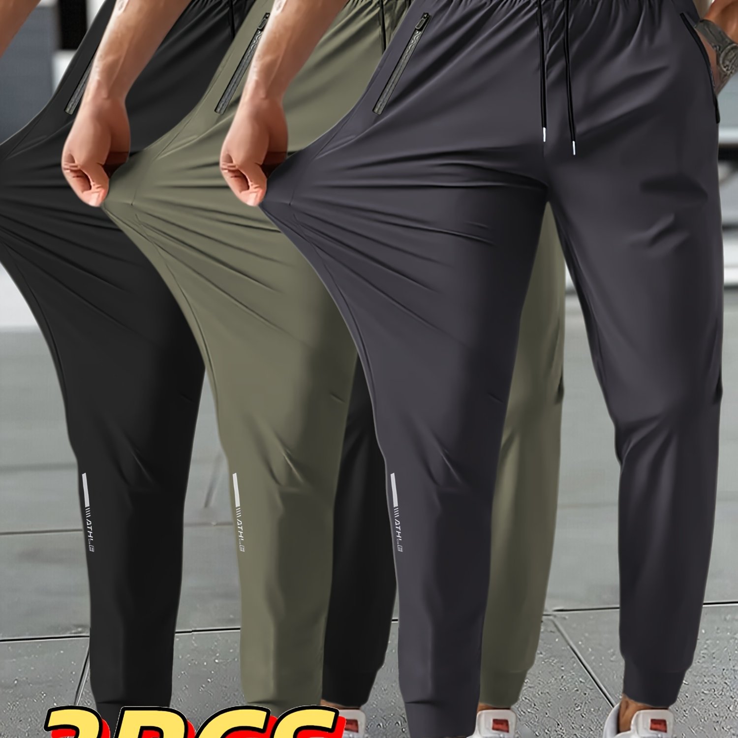 Image of 3pcs Men's - Sport Pants, Made From Breathable Ice- High-elasticity Fabric, Featuring Drawstring Waist And Zippered . Perfect For Sports, Running, Fitness Activities, And Everyday Wear