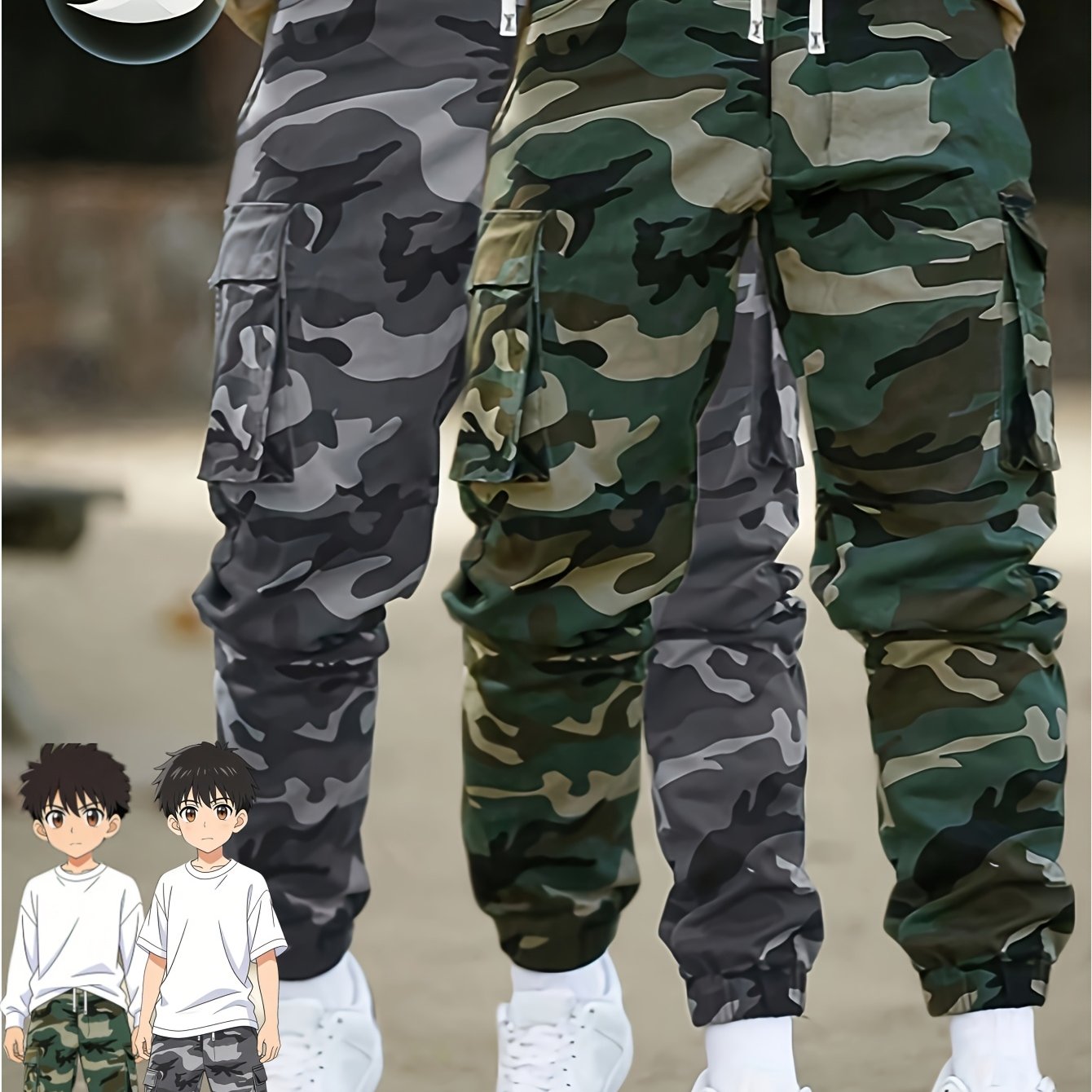 Boys' Fashion Camouflage Casual Outdoor Sports Cargo Long Pants 2pcs Set, For Outdoor