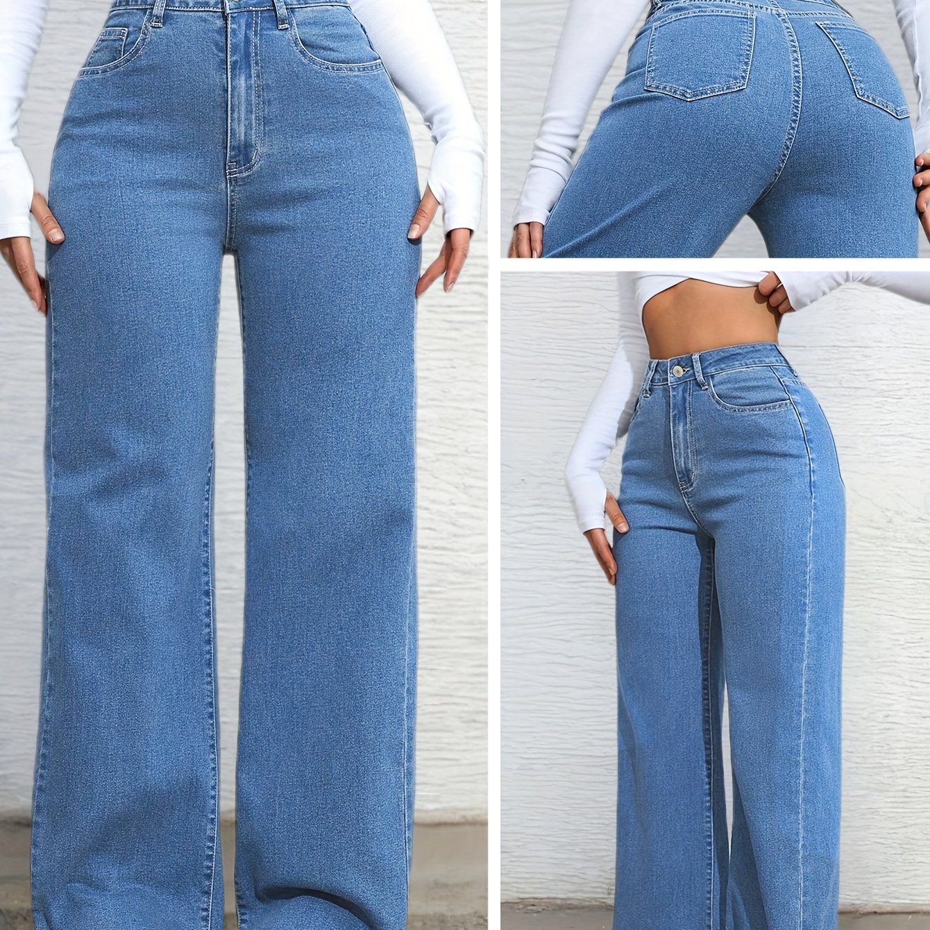 Blue Trendy Women's Stretch Loose Jeans Wide-leg Pants