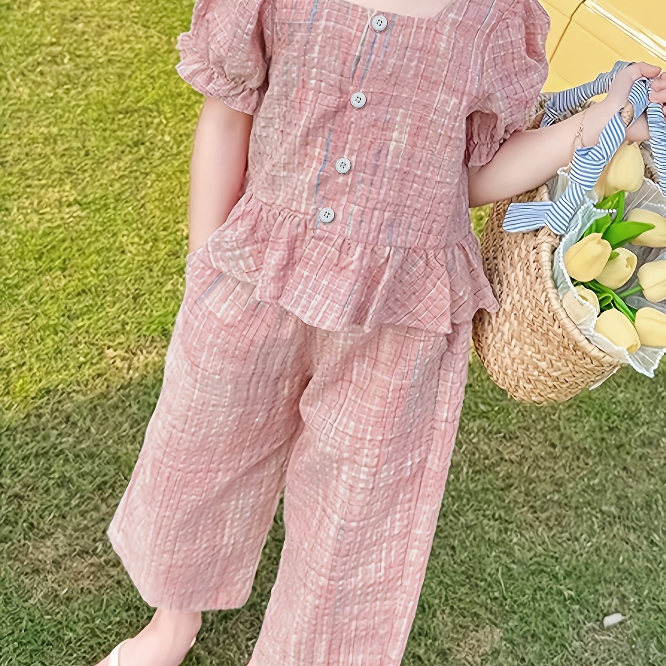 Image of Girls' 2pcs Summer Outfit Set 2025 New Style, Kids' Mosquito-proof Wide-leg Pants, Trendy Summer Outdoor Clothes For Influencer Girls, Perfect For Outdoor