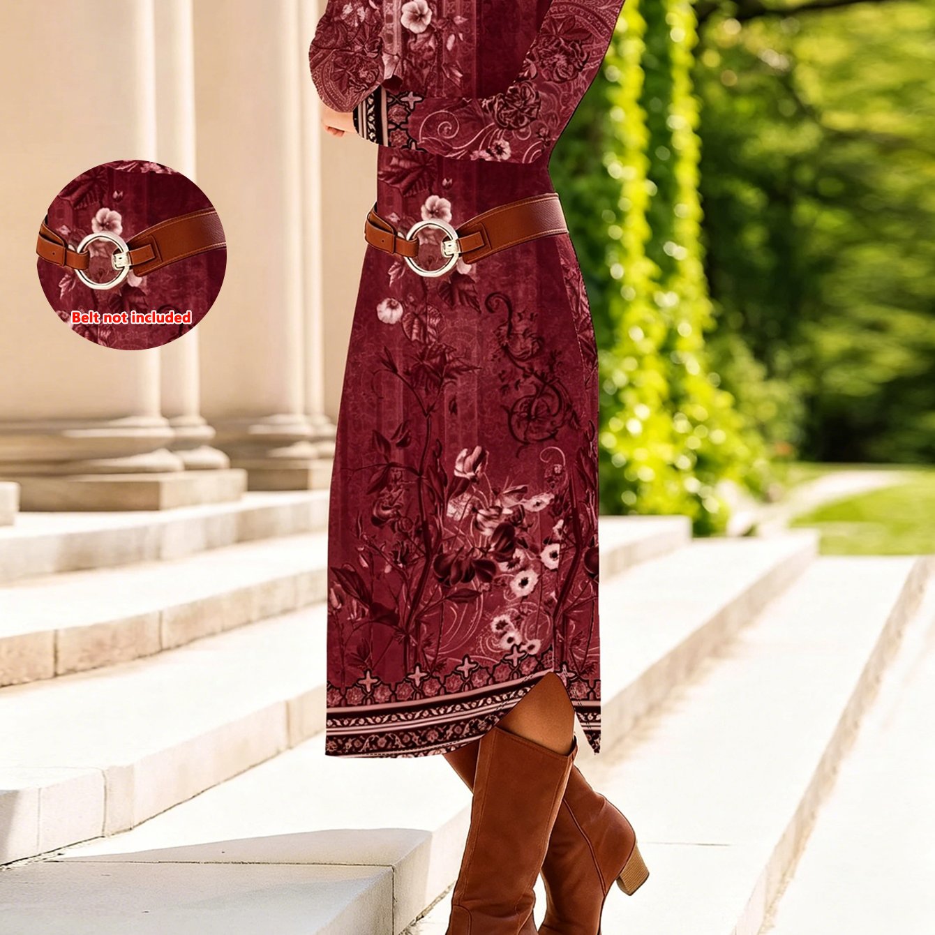 Plus Size, Plus Size Women's Long Sleeve Midi Straight Dress, Base Retro Paisley Jacquard All Round Neck Slim Long Sleeve Solid Border Hem Irregular Side Slit Midi , Retro European