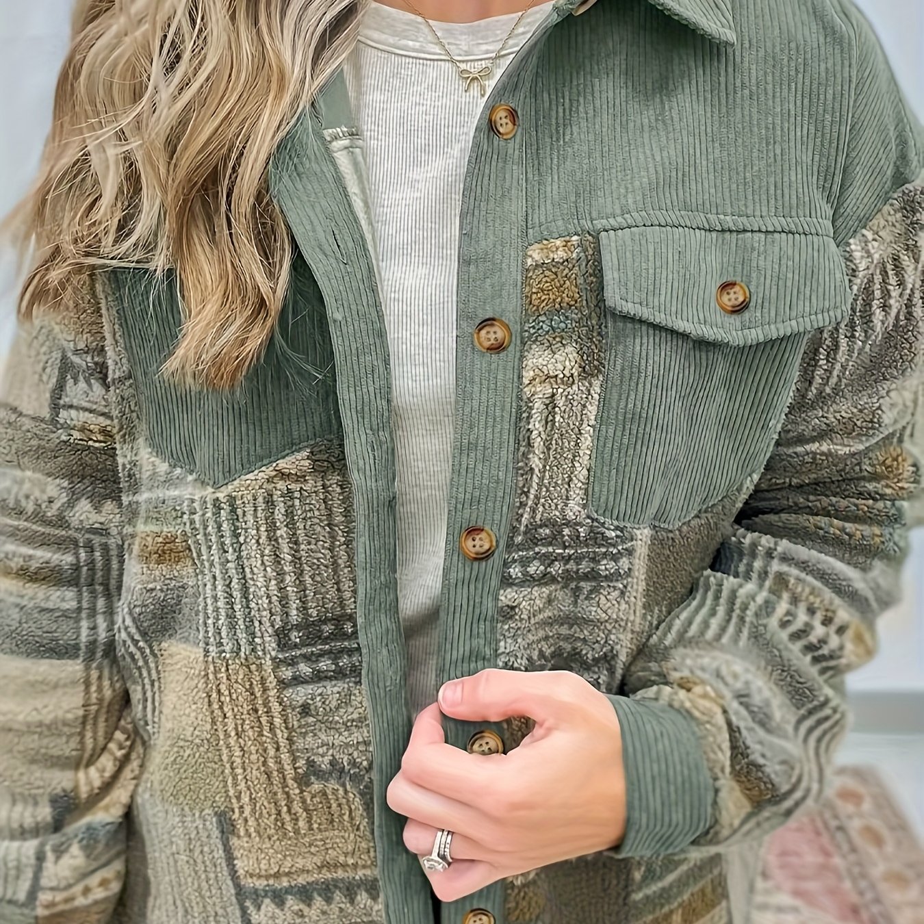 Image of Women's Autumn Winter Casual Plush Printed Spliced Corduroy Lapel Single Row Multi-button Pocket Long Sleeve Jacket