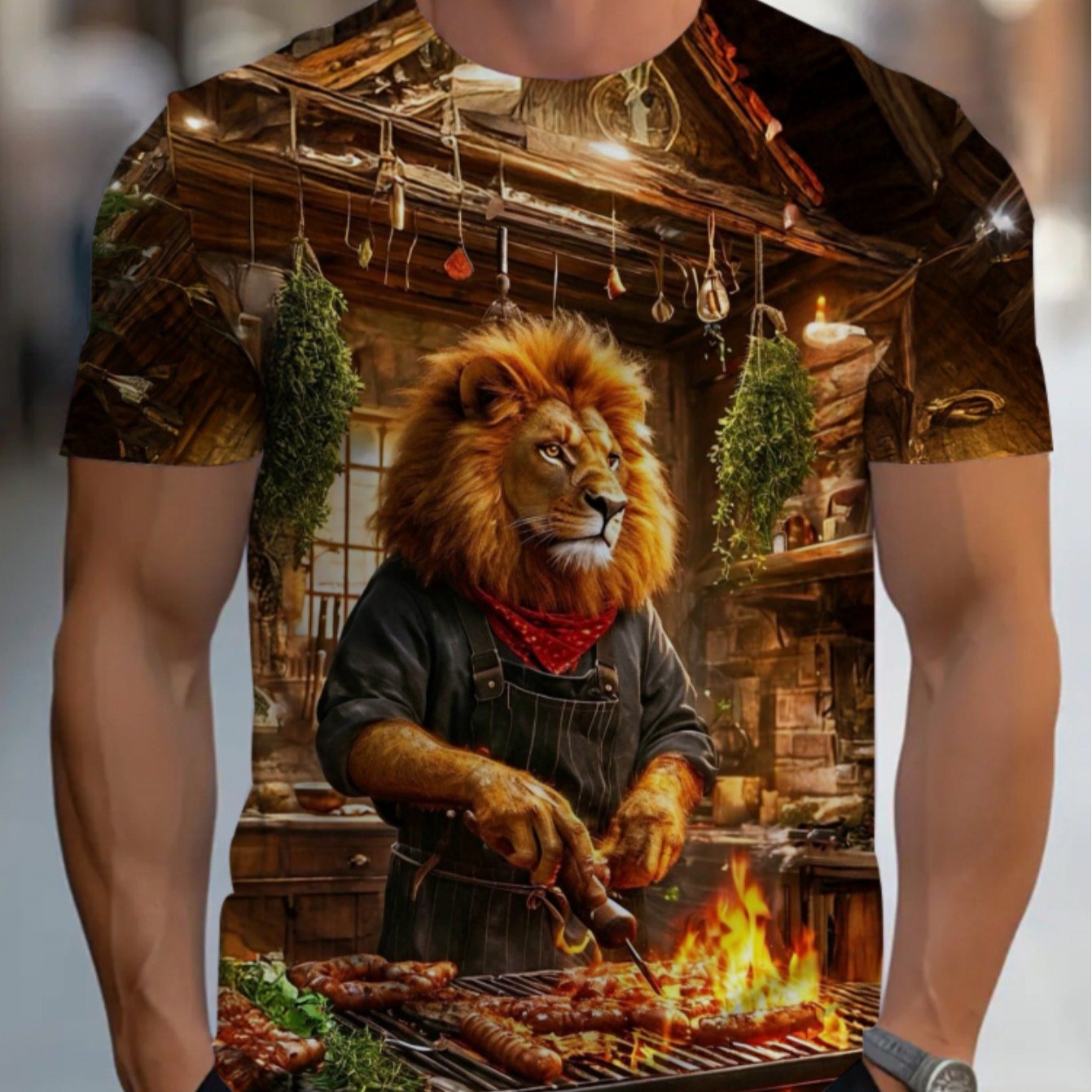 TEMU Men's Casual T-shirt - Lulu Lion Cooking Bbq , Lightweight And Breathable Fabric, Brown Regular Fit Suitable For Summer, Machine Washable And