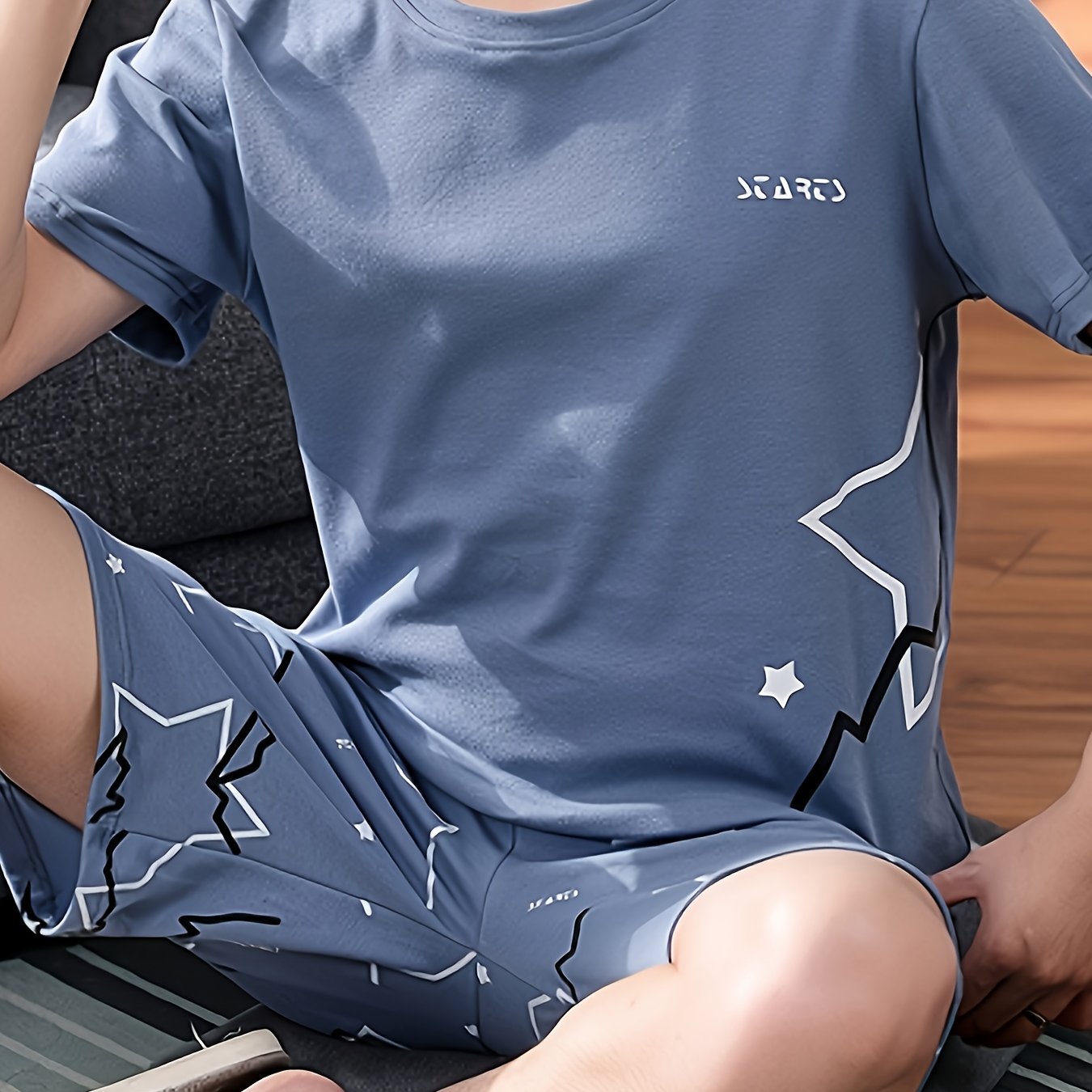 2pcs Men's Casual Summer Shorts Set With Blue Short-sleeve Pullover Pajama Top, , Soft And Comfortable Loose Fit Oversized Trendy Style For Outdoor Or