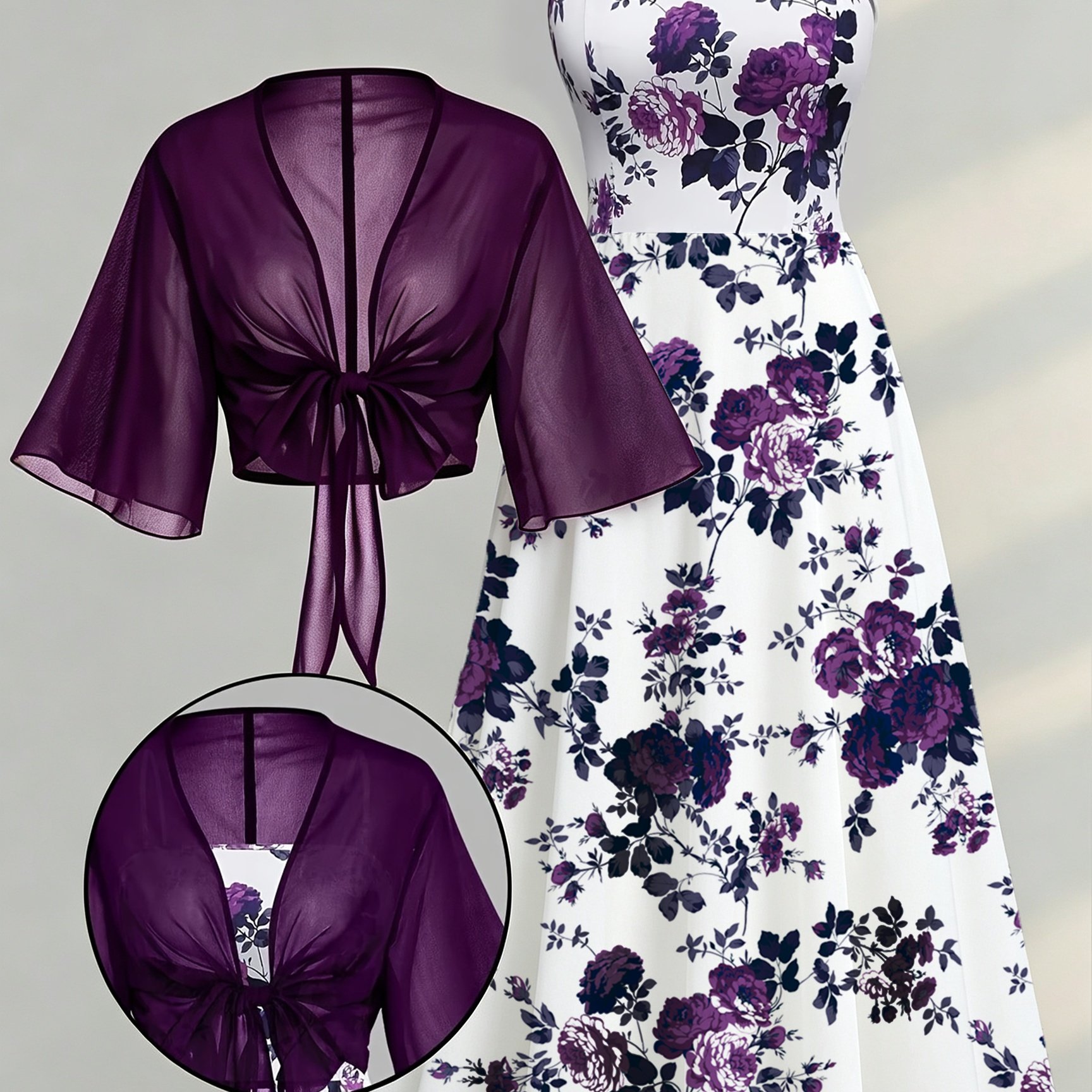 TEMU Plus Size Women's Elegant Summer Floral Print Long Dress Pleated 2pcs Set Shawl Top