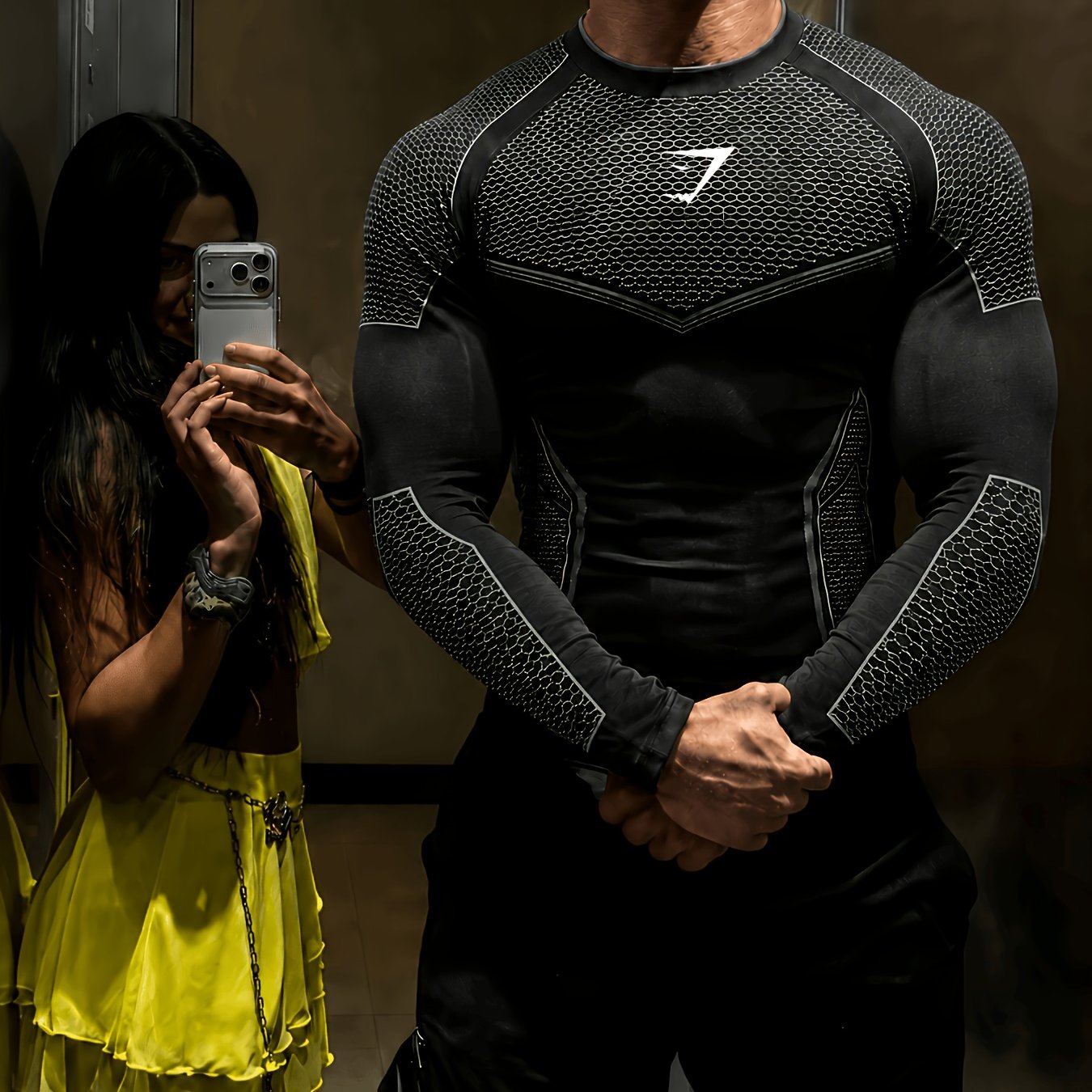 TEMU T-shirt à manches longues pour homme Techwear, géométrique, en patchwork, extensible et respirant, couche de base de compression pour course,