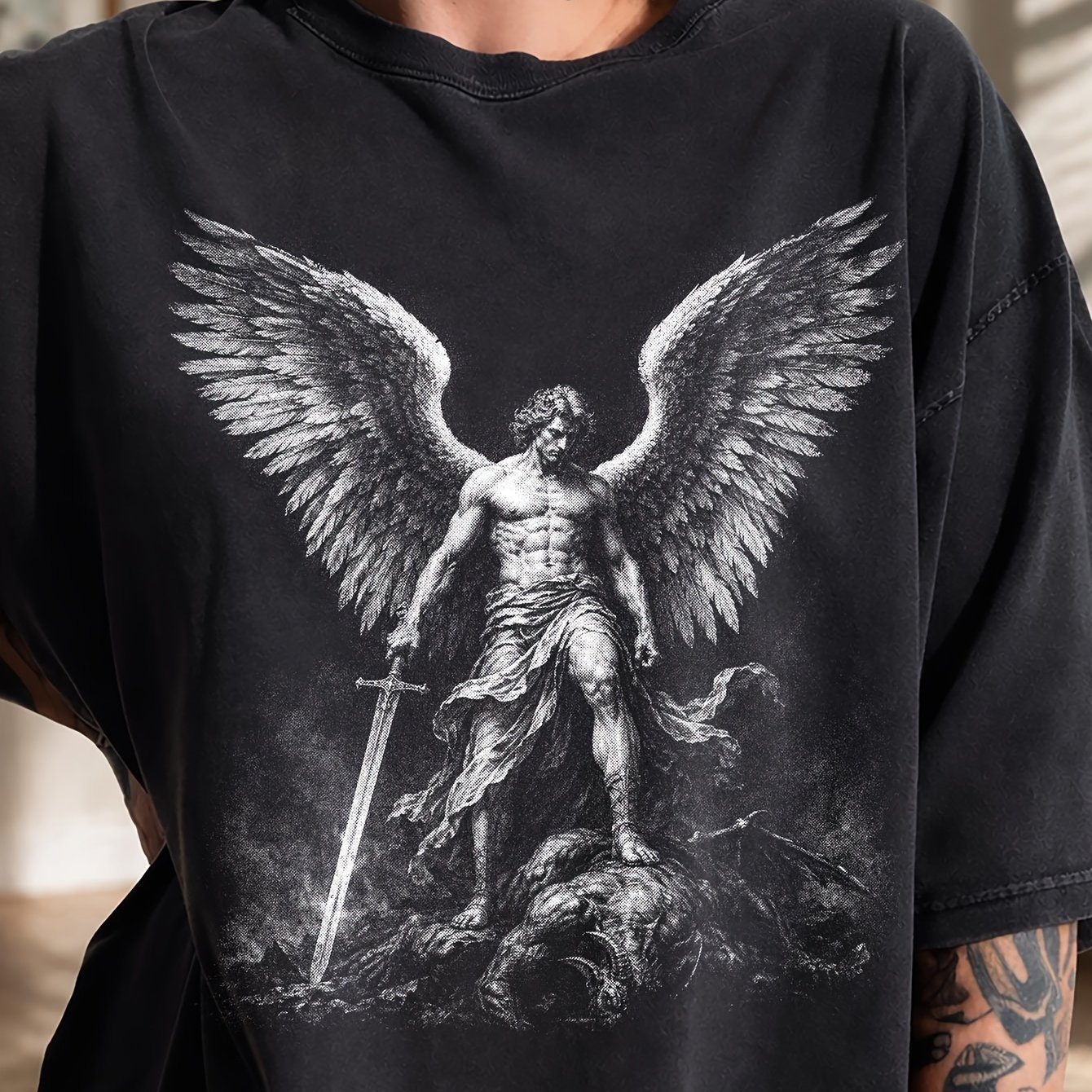 Image of Archangel Michael Saint Print T Shirt Catholic Street Style Suitable For Christ Ideal Church Casual Wear Fit Black Crew Neck 180g Pure Cotton T Shirt Sizes S To 3xl, Plus Size