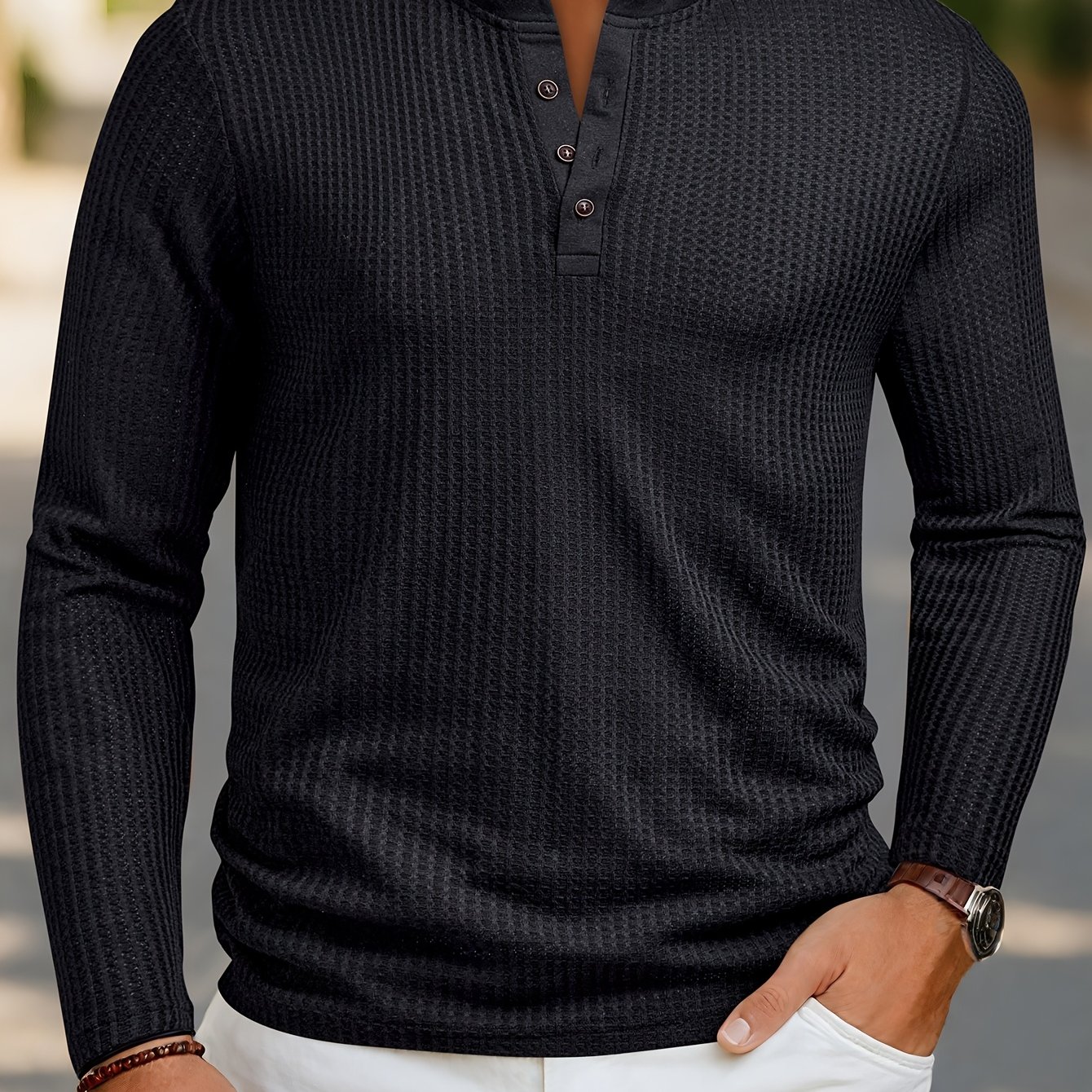 Men's Fashion Waffle Material Long Sleeve Outdoor Henley Shirt, Stand Collar Open Button Regular Fit Design Outdoor Top