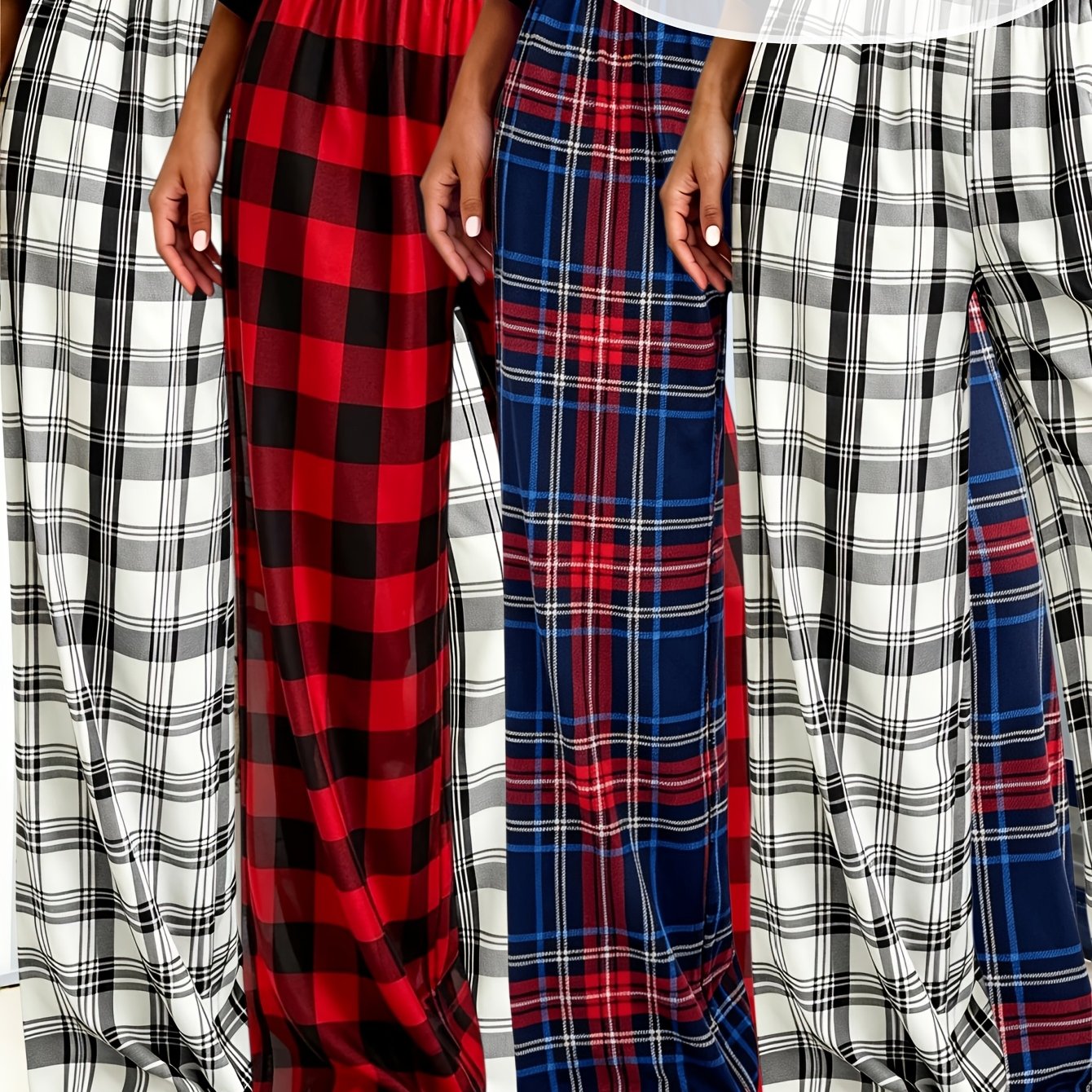 TEMU 4pcs Retro Plaid Wide-leg Pajama Pants For Women. Loose Fit, High-waisted, Stretchy, Soft And Skin-friendly Casual Wear. Plus Size,, Versatile,