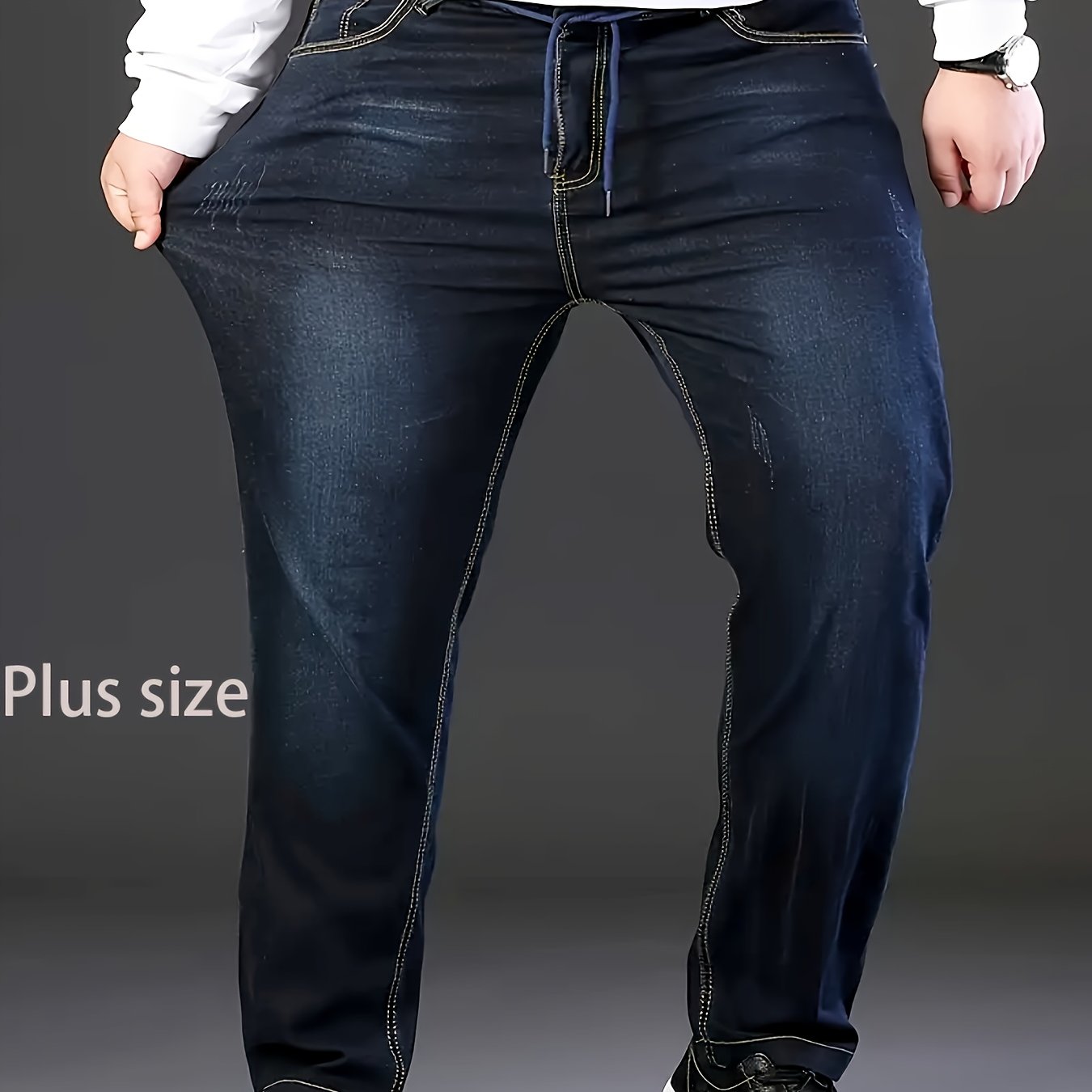 Image of Plus-size Stretchy Men's Jeans, Featuring A Flexible Waistband For A Stylish, Casual, And Comfortable Business Look, Plus Size