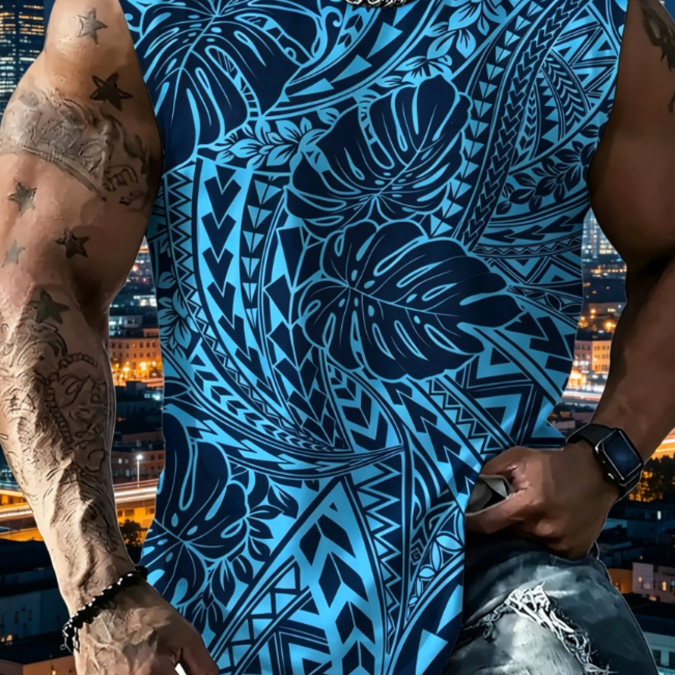 TEMU [printed Design - Not Textured], Vintage Niche Casual Sleeveless T-shirt, Men's Casual Print Sleeveless Tank Top, With Full Polynesian Style