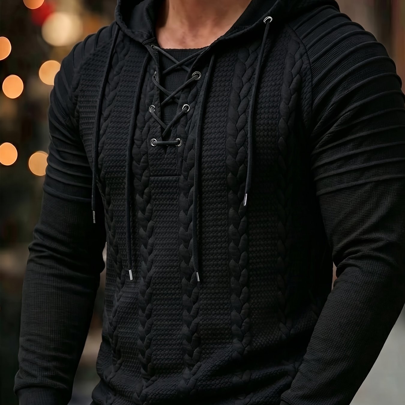 TEMU Royalboy Textured Jacquard Fabric Contrast Color Pleated Ribbed Sleeves Drawstring Design Fashionable Outdoor Casual Hooded Sportswear Top,
