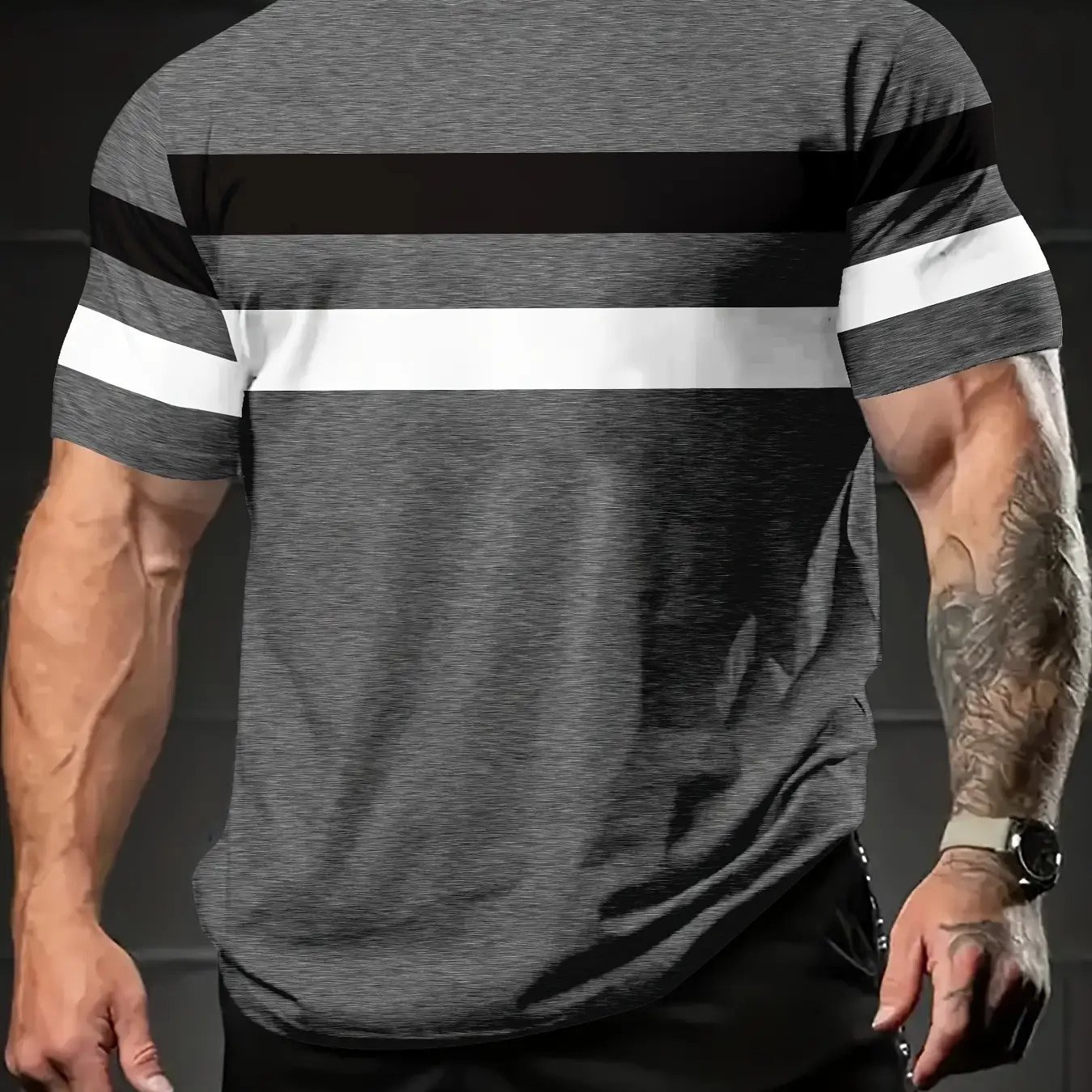 TEMU T-shirt à manches courtes, style tendance, polyvalent et facile à , motif imprimé en 3D avec ligne, grande taille, thème gris
