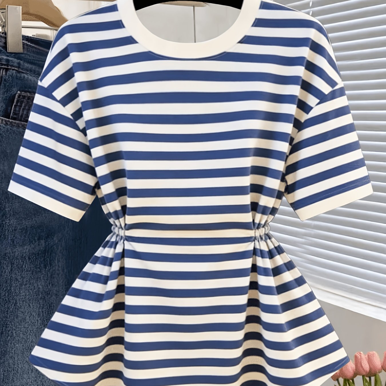 TEMU Women's Casual Striped Waistband, Tight Round Neck Short Sleeve T-shirt, Summer Style