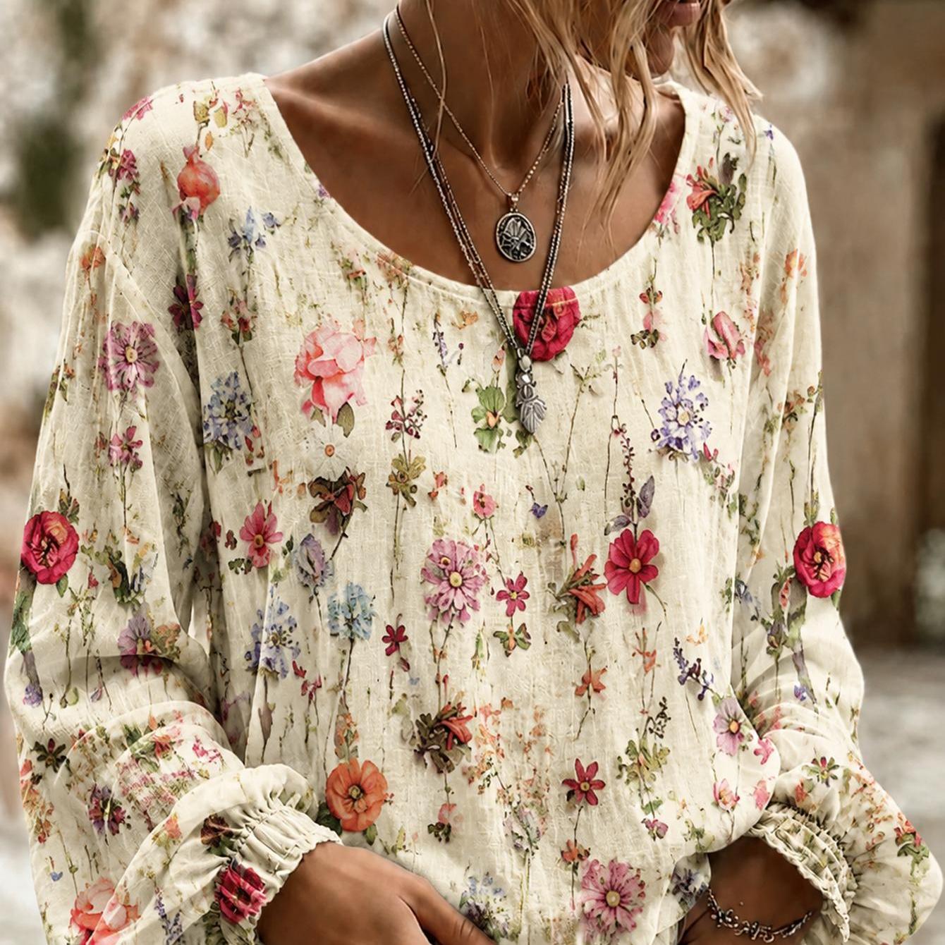 Plus Size Women's Long Sleeve Shirt, Boho Floral Print Loose Blouse, Casual Bohemian Style Top, Ideal Birthday Gift, Comfortable Loungewear For Daily Wear And Vacation