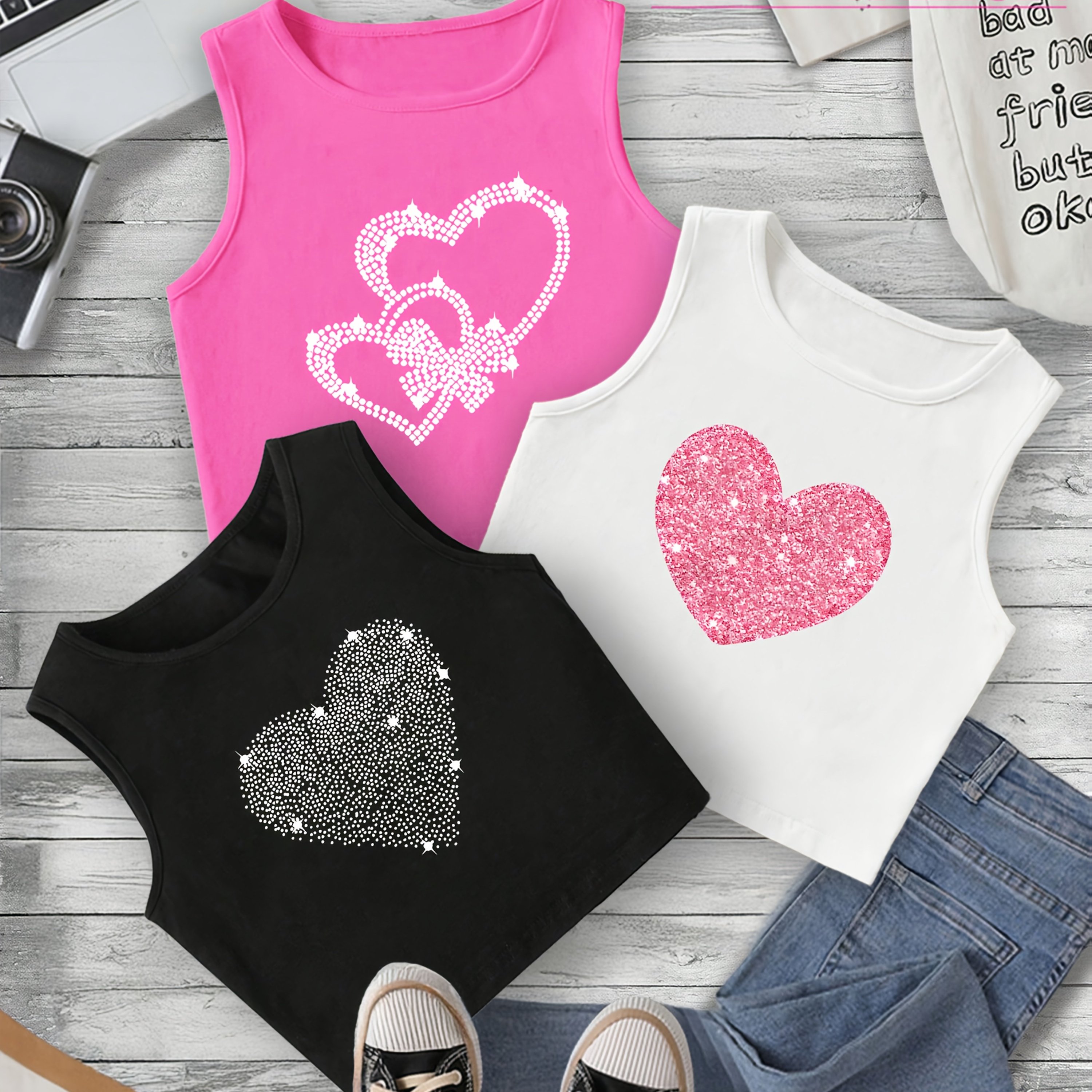 Image of P8483(g16)3pcss Heart Girls' Big Kids' Fashion Round Neck Vest Multicolor Vest Inner Top 3pcs Set Outdoor