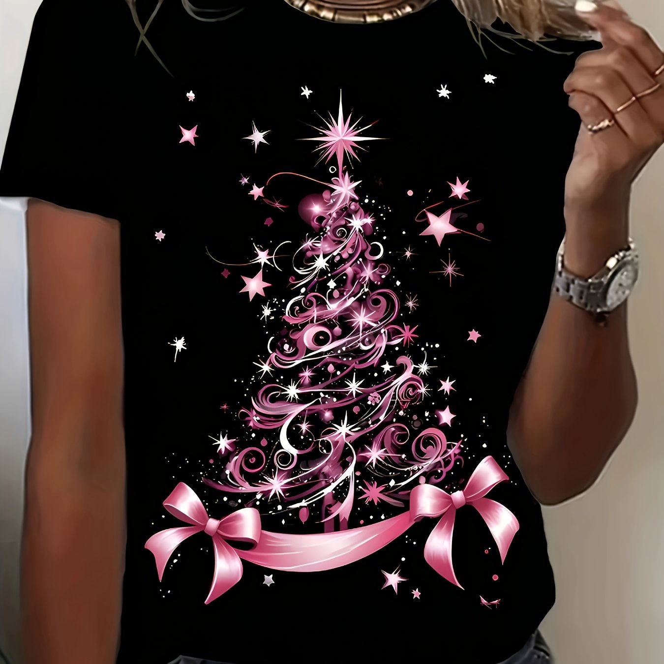 TEMU Women's Casual Round Neck Short Sleeve T-shirt With A Pink Christmas Tree Print For Spring, Summer, And Autumn