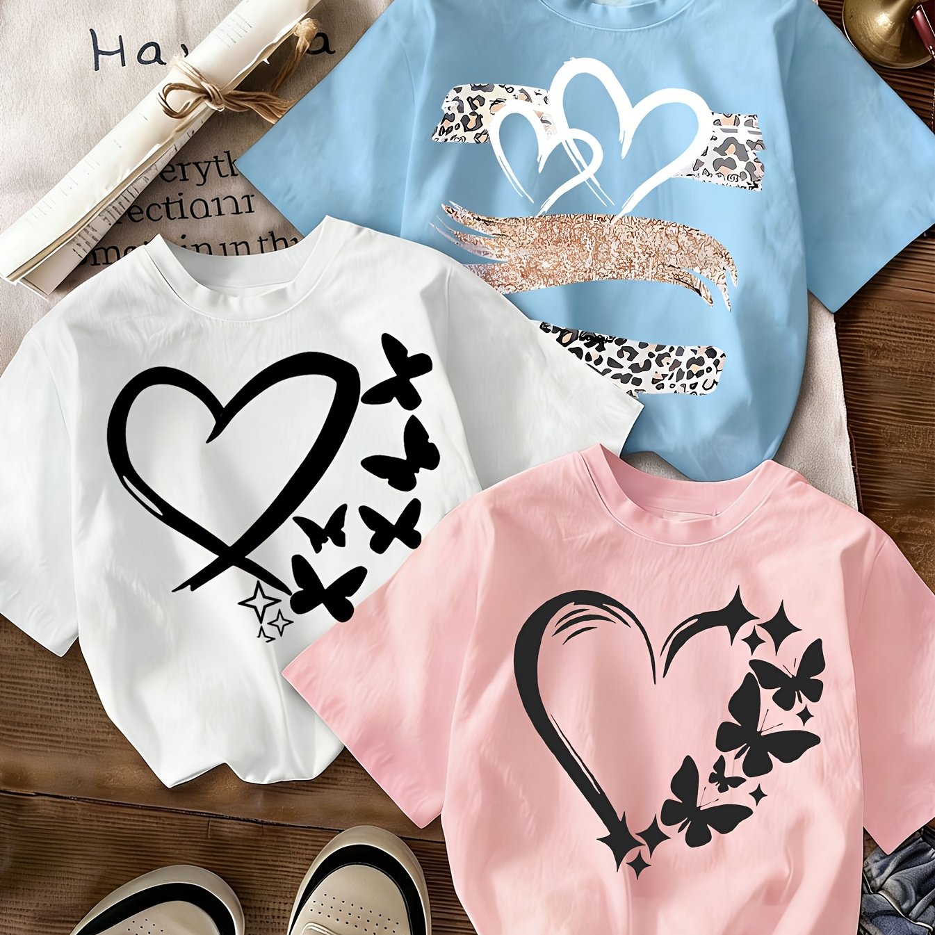 E-shop 3er-Pack Mädchen-T-Shirts mit Herz- Schmetterlingsdruck, weiche, lässige Kurzarm-Oberteile für mittlere ältere Kleinkinder Teenager, modisches