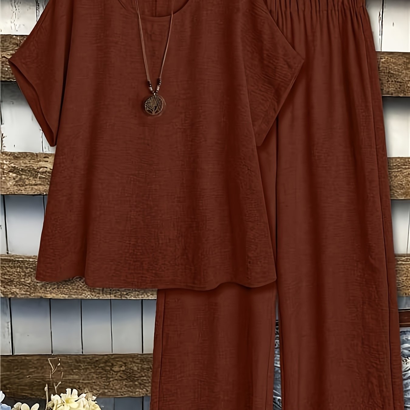 TEMU Plus Size Women' Round Neck Batwing Sleeve Short Sleeve Shirt And Wide-leg Pants Casual Loose Two-piece Set