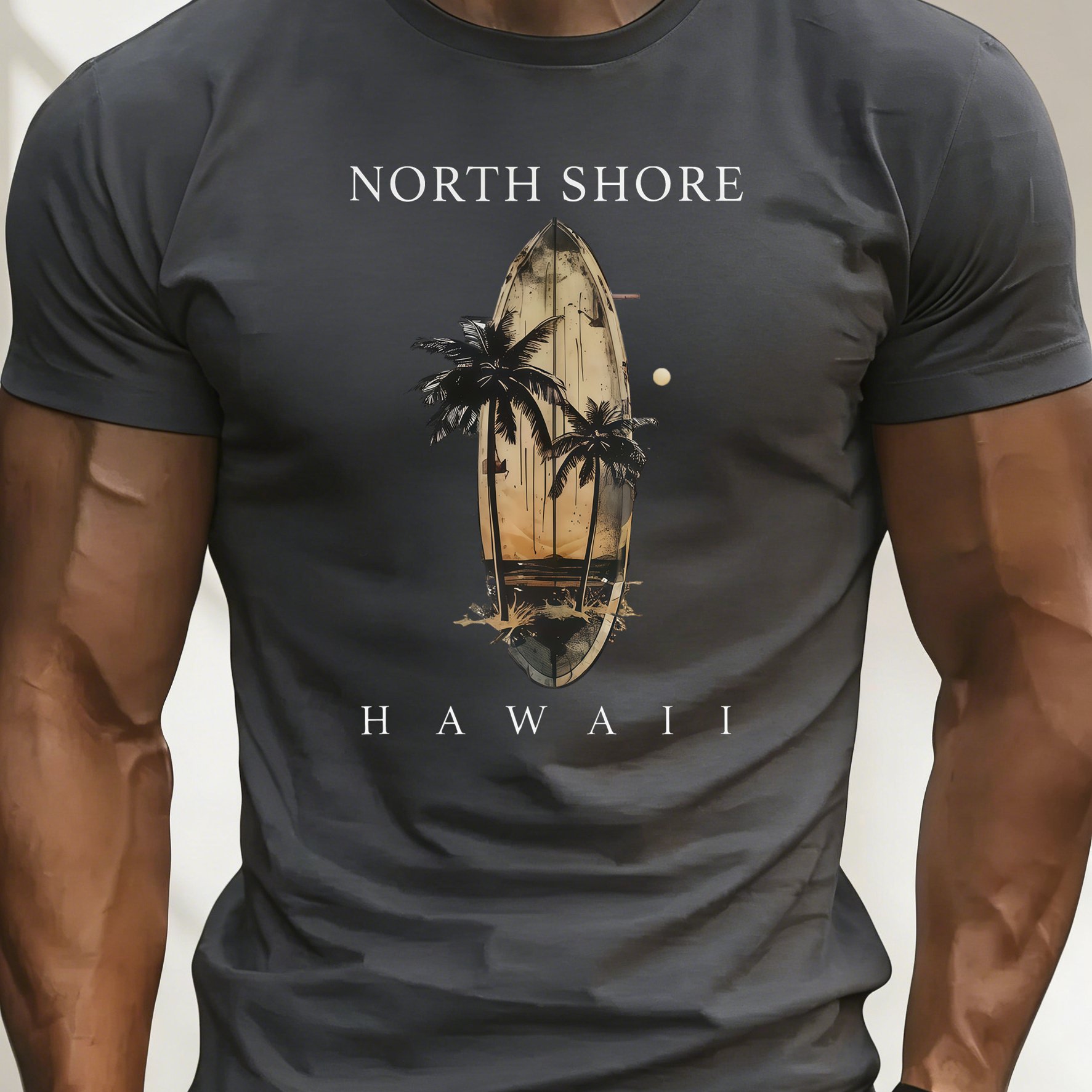 TEMU "hawaiian North Shore" Style Short Sleeve T-shirt, Breathable And Skin-friendly With Surfboard Print