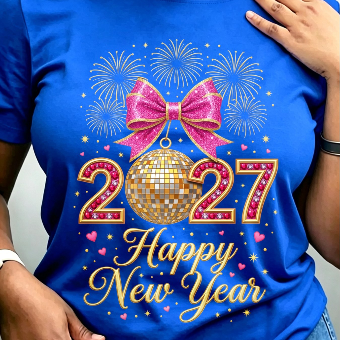 TEMU Women's Oversized T-shirt - 2027 Happy New Year Design With Glittery Pink Bow, Golden Disco Ball Fireworks, And Heart Accents, Trendy Festive