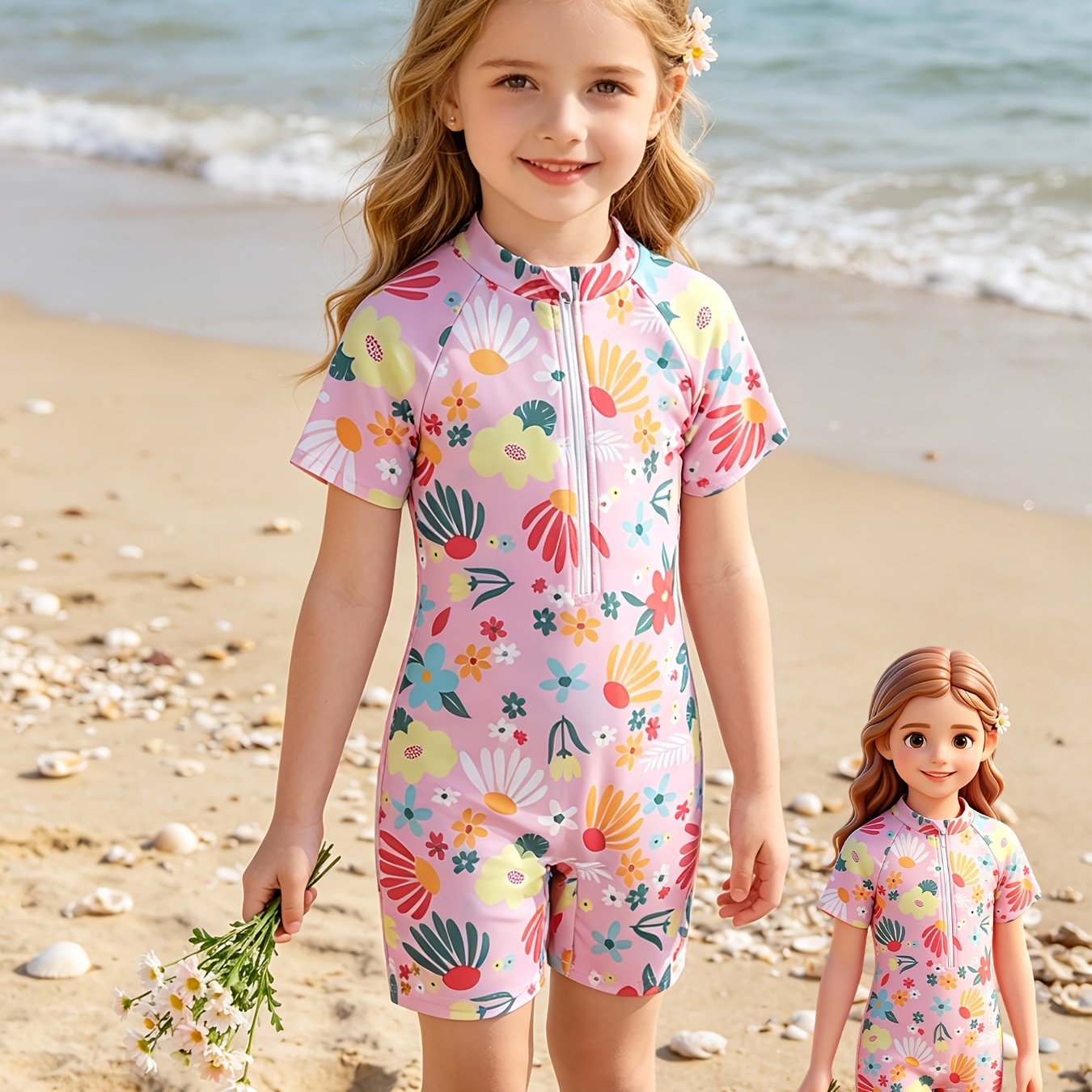 TEMU Girls' Cute Floral Print Beach 1pc Swimsuit For Spring/summer