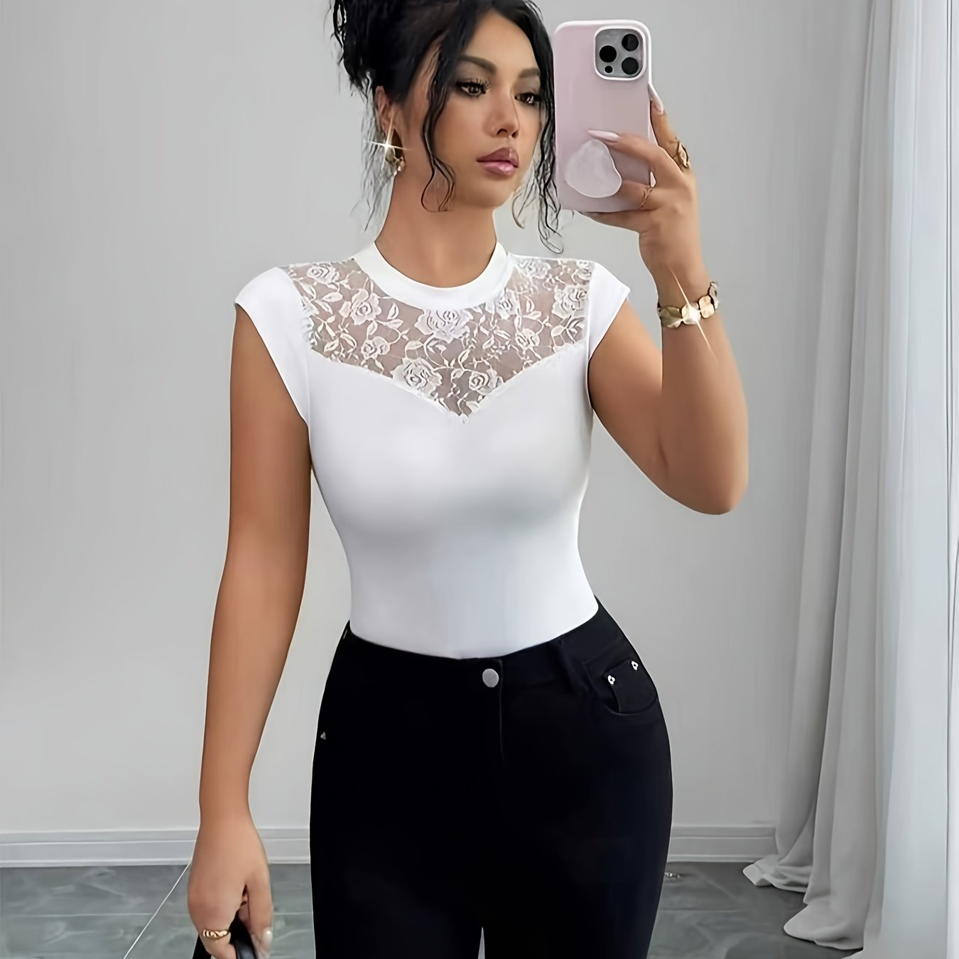 TEMU Elegant, Exquisite And Fashionable Women's Round Neck Slim Sheer Floral Lace Splicing At Sexy And Elegant Style Suitable For Daily Commute,