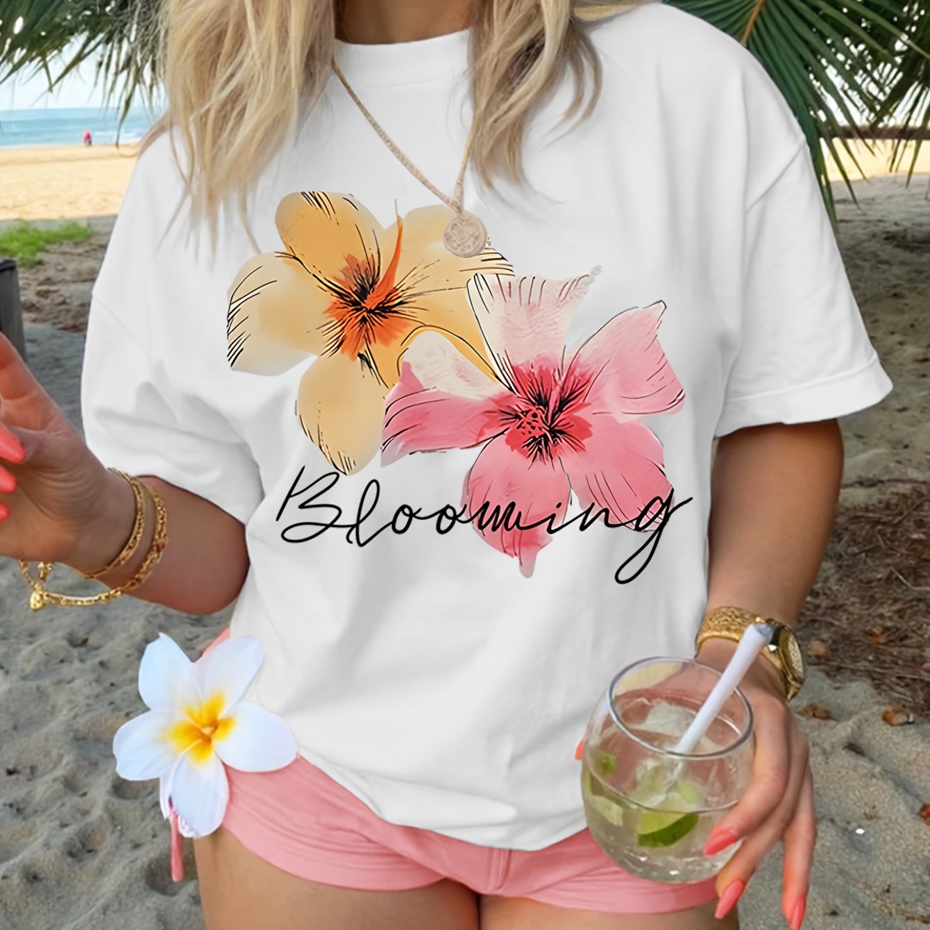 TEMU Short-sleeved Round-neck T-shirt With A Vibrant Floral Print