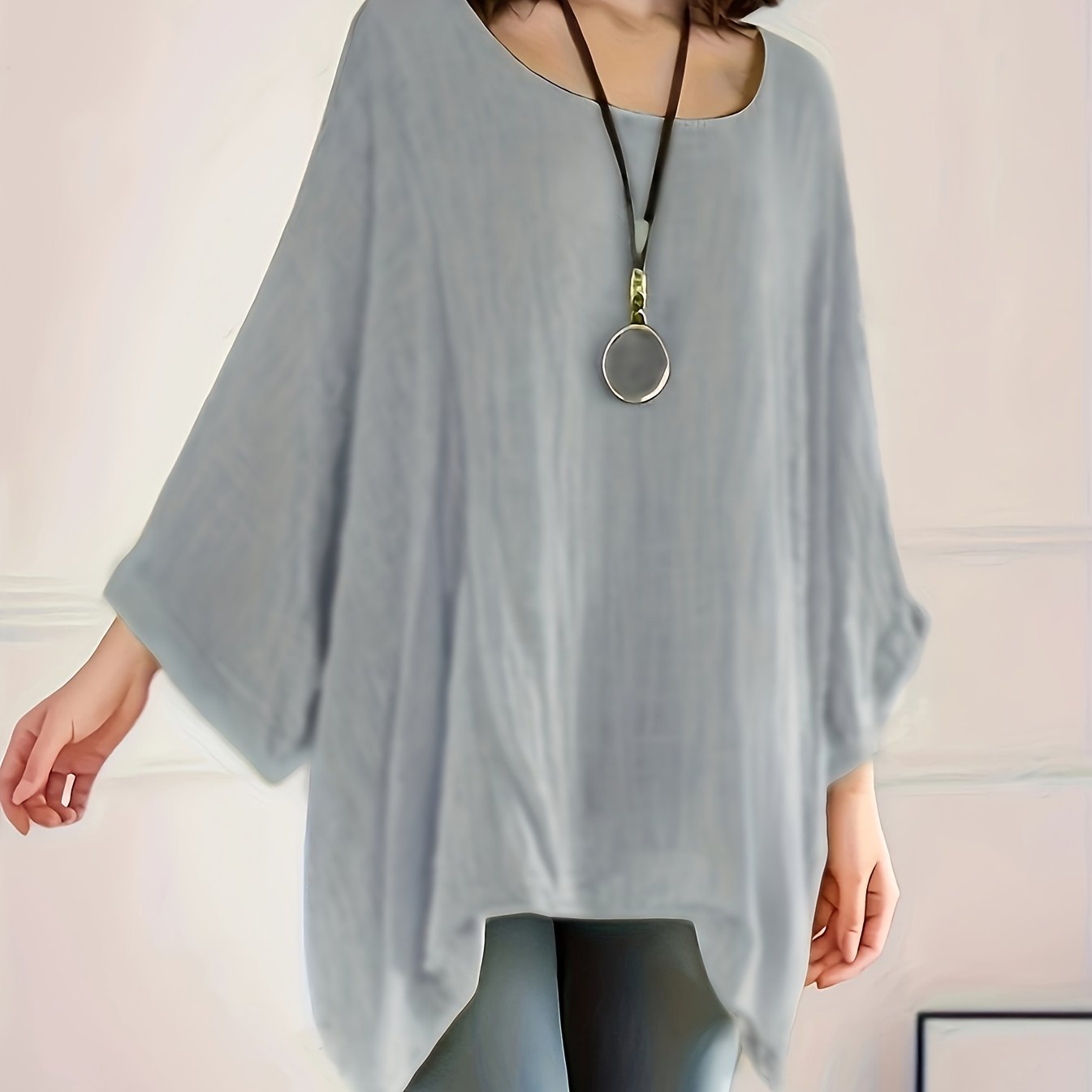 Image of Women's New T-shirt Mid-length Sleeve Solid Color Loose Round Neck Batwing Top