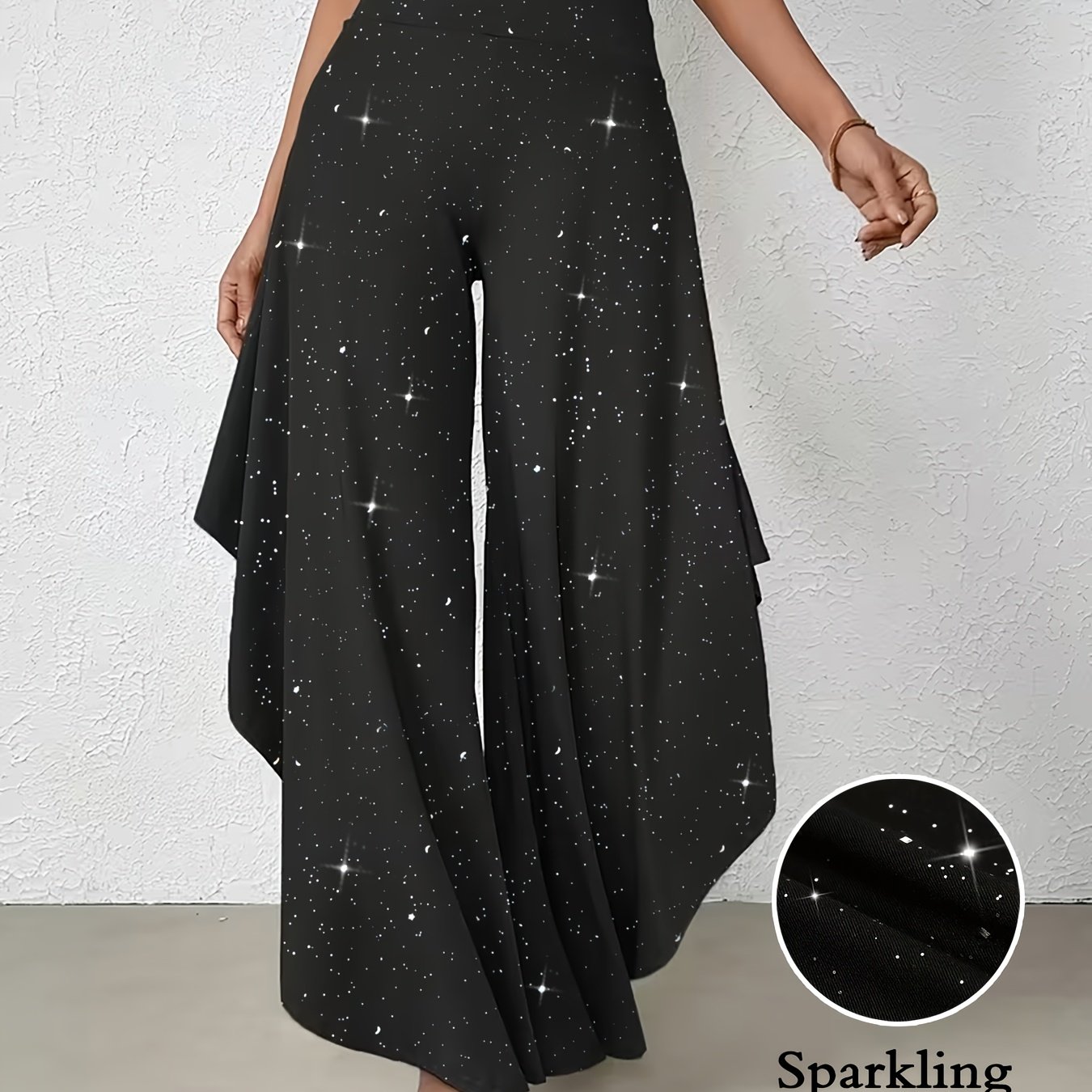 E-shop Elegante High-Waist-Wide-Leg-Hose für Damen mit schwarzen Glitzerakzenten asymmetrischem Saum. Hergestellt aus einer -Spandex-Mischung, sind