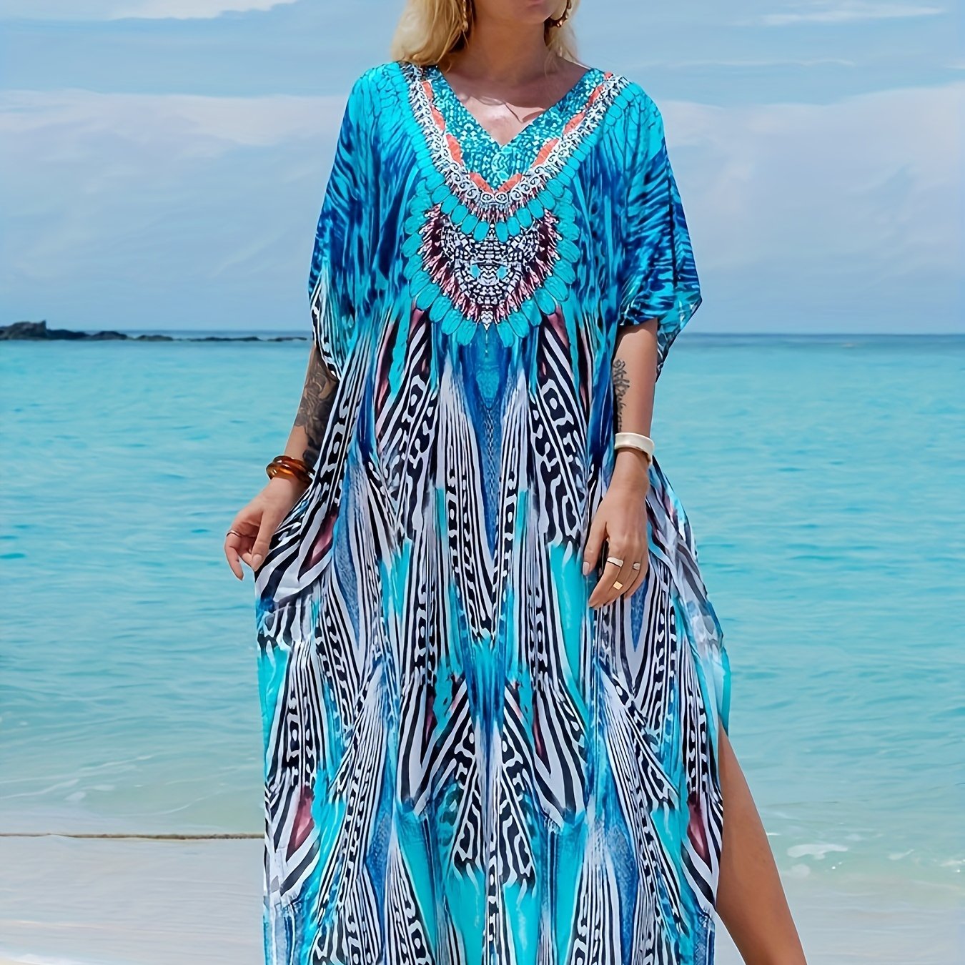 E-shop EDOLYNSA -Modische V-Ausschnitt-Kaftan-Kleid für Damen, Blumendruck, lockerer Schnitt, kurze Flügelärmel, 100% Viskose, regelmäßige Silhouette,