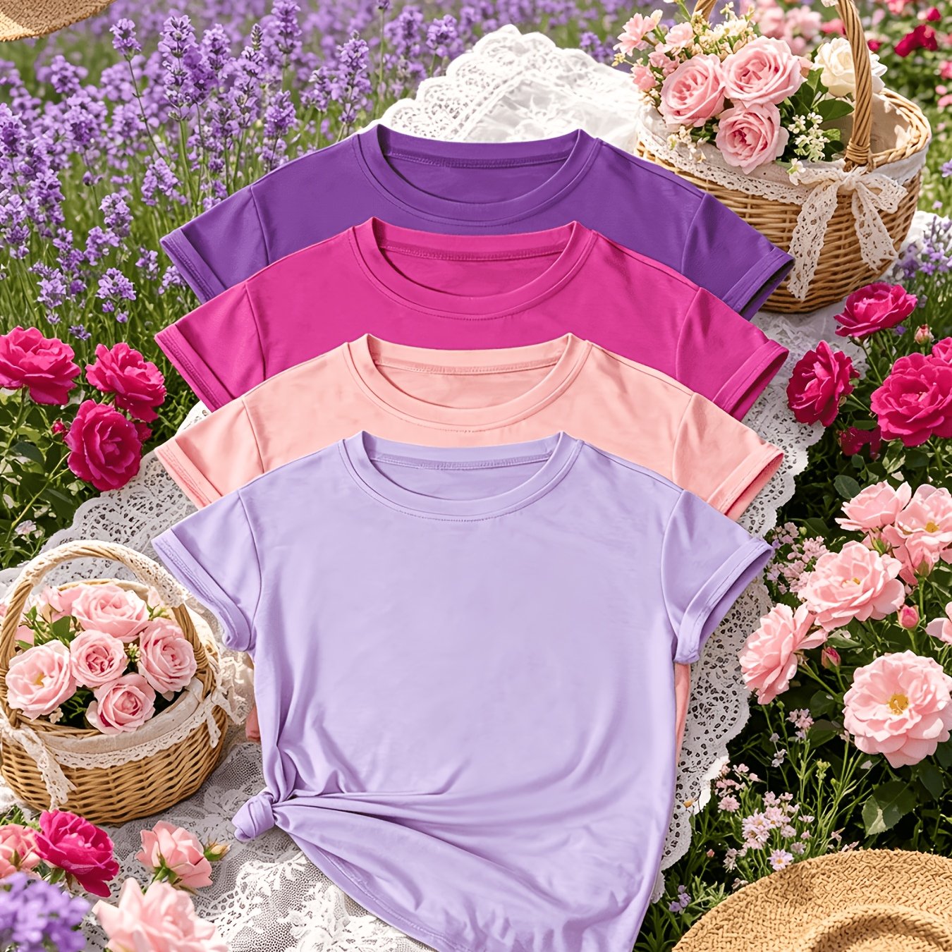 TEMU 4pcs Set, Women' Color Short Sleeve T-shirts Spring New Style Tops, Retro Easy Sweet Cute Vacation, Date Home Sleeve T-shirts, Wear, Inner Wear