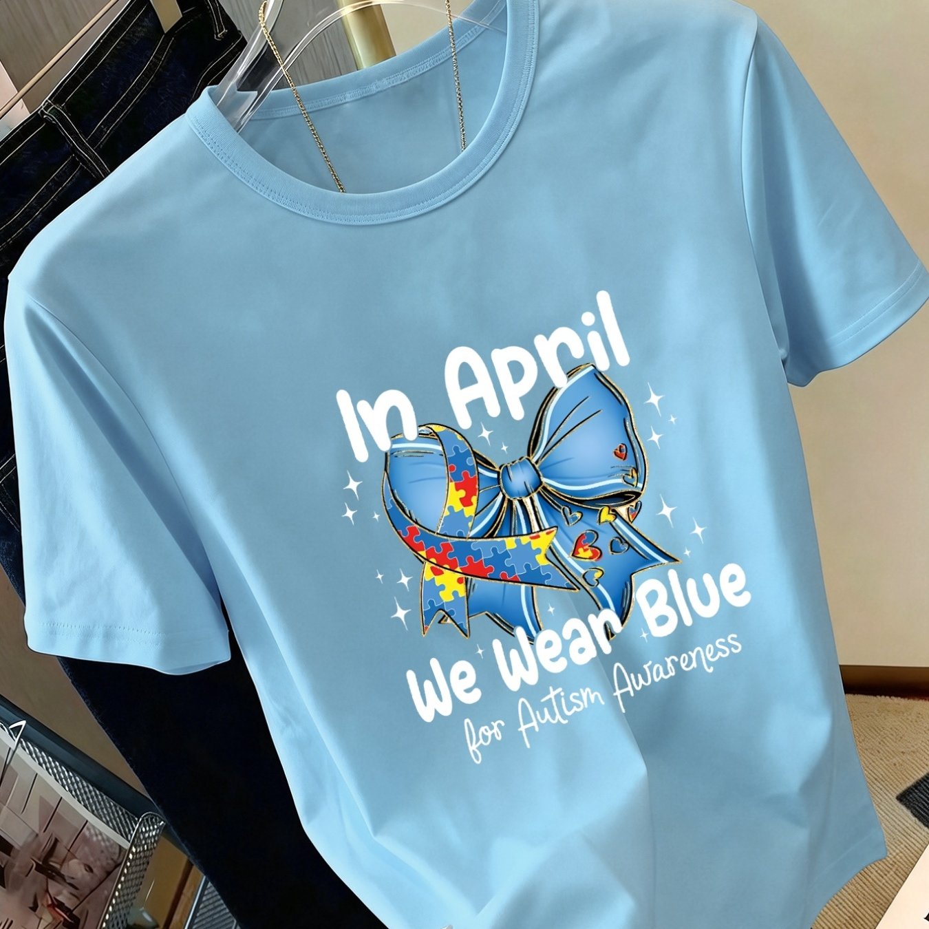TEMU Women's Autism Awareness Puzzle Bow Tie Print T-shirt - Short Sleeve Round Neck Casual & Sportswear Top With , Comfortable Apparel, Machine