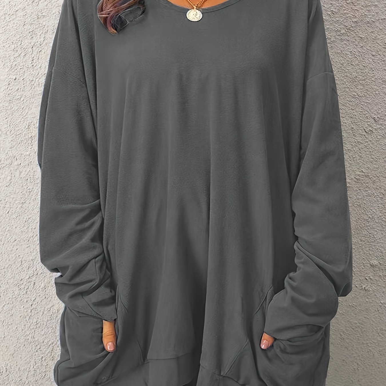 Plus Size, European And American Solid Color Long Sleeve Dress With Large Pockets