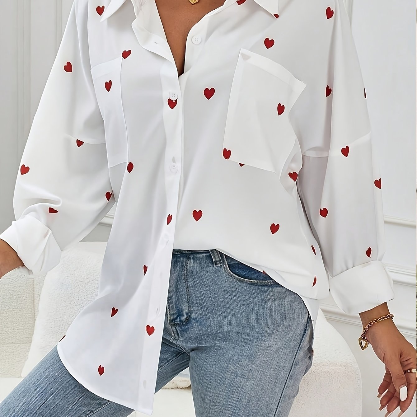 TEMU Plus Size - Plus Size - Women's Plus Size Front Button Long Sleeve Pocket All Over Heart Shirt