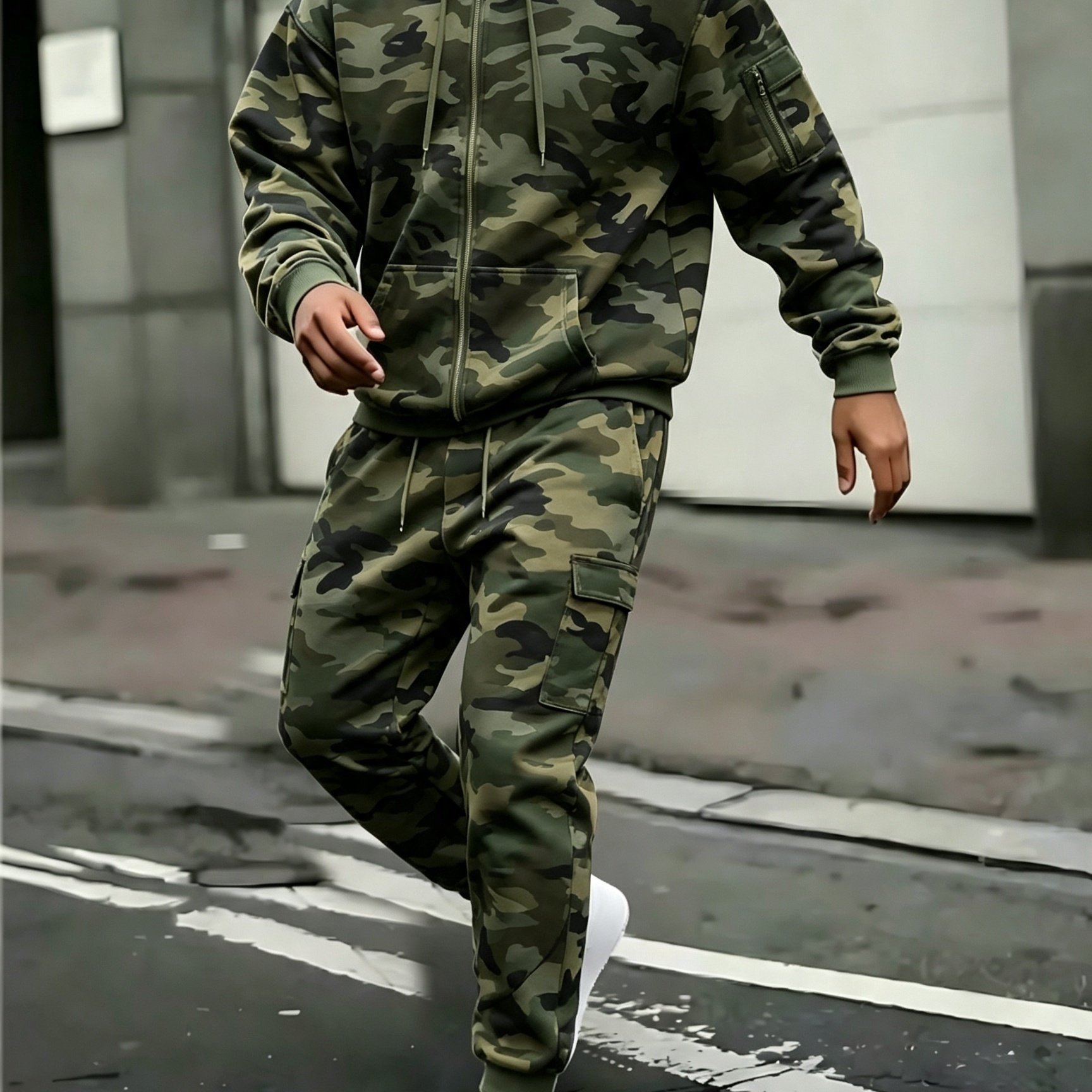 Image of Men's Long Sleeve Zip Hoodie And Printed Pants Set, Autumn And Winter Casual Outdoor Jacket And Pants, Men's Long-sleeve Printed Zip Up Hoodie With Drawstrings And Pockets
