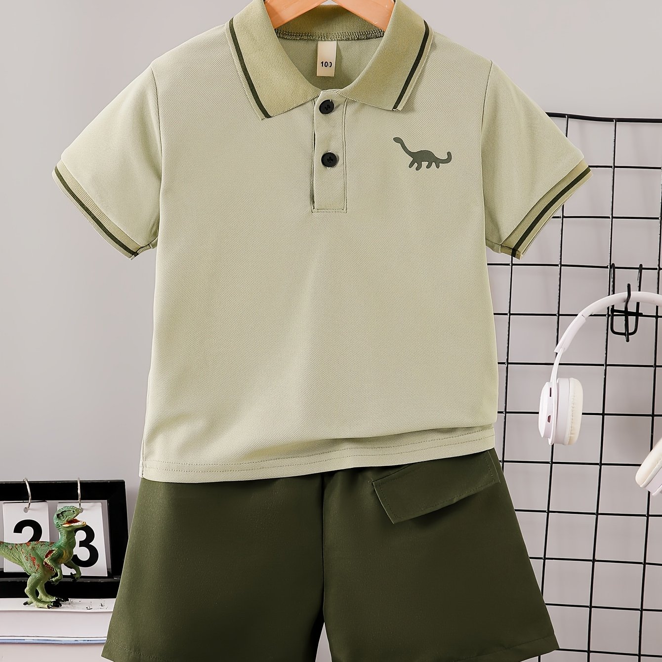 ' Summer Turn- Collar Button Shirt Short-sleeve Dinosaur Pattern Comfortable Shorts Set, For Outdoor, And Gilrs Clothes
