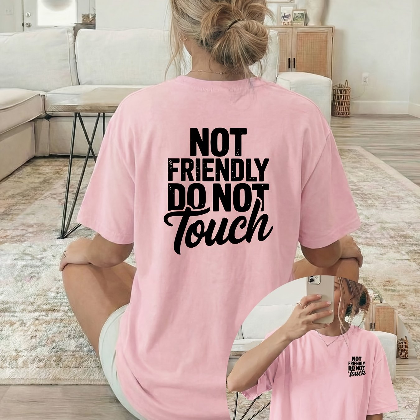 TEMU Women's Oversized "not Friendly " T-shirt - Double-sided Print Short Sleeve Crew Neck Top With Lettering, Loose Fit Casual Blouse Style Shirt