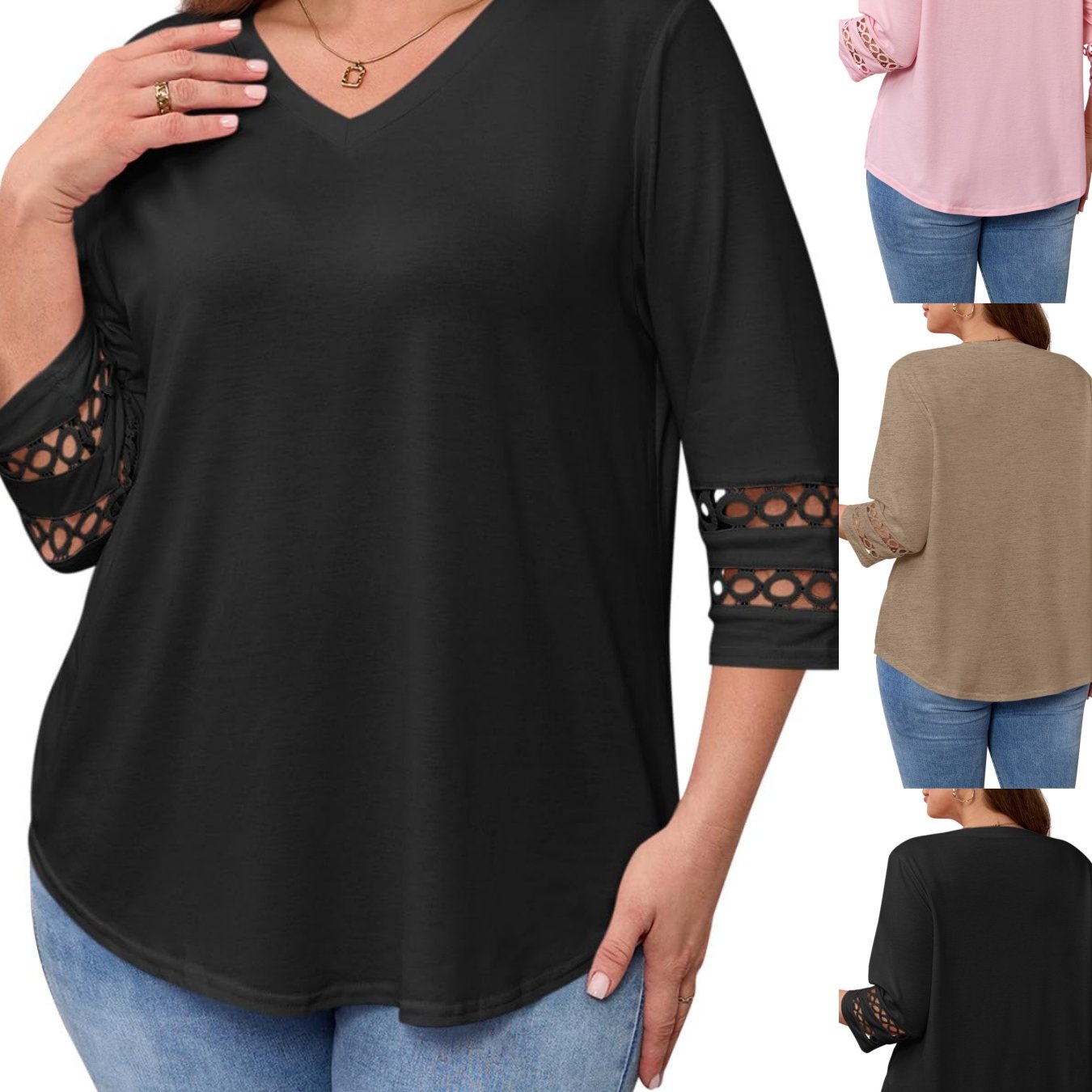 Plus Size - Plus Size - Plus Size 3/4 Sleeve Tops For Women, Featuring A V-neck, Loose Fit, And Stylish Eyelet Lace Design, Perfect For Casual Or Dressy Occasions