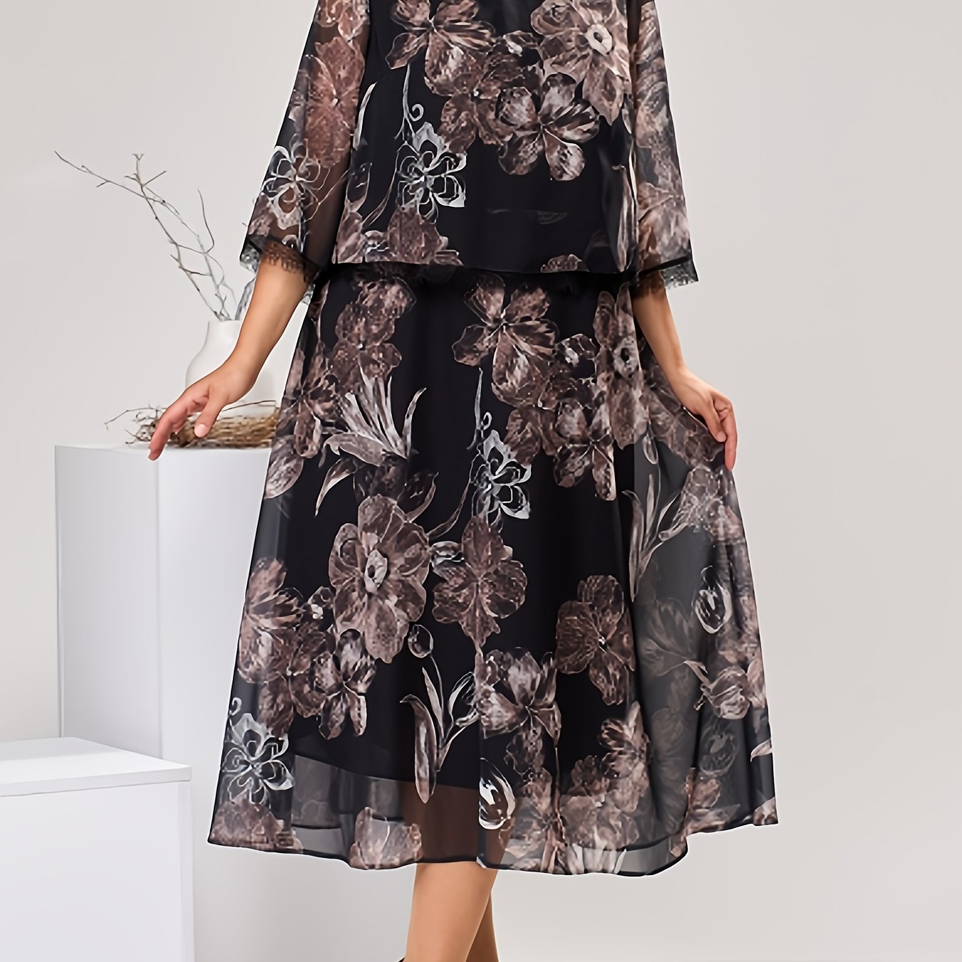 Image of Plus Size, Plus Size Women's Semi-sheer Mesh Skirt With Floral Print And Lace , Round Neck With Flounce Sleeves, Elegant Sheer Dress For Birthday Parties And Banquets