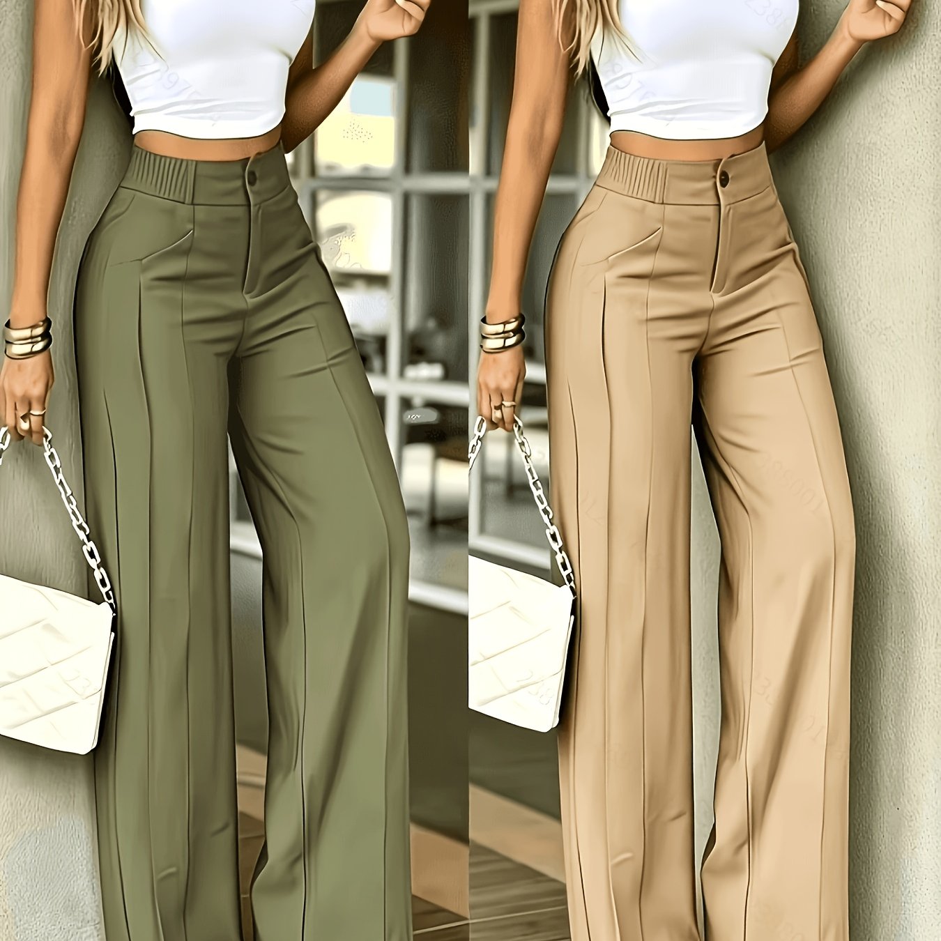 TEMU 2pcs Set -waist Wide-leg Pants Straight Floor-length Trousers - Casual All-match