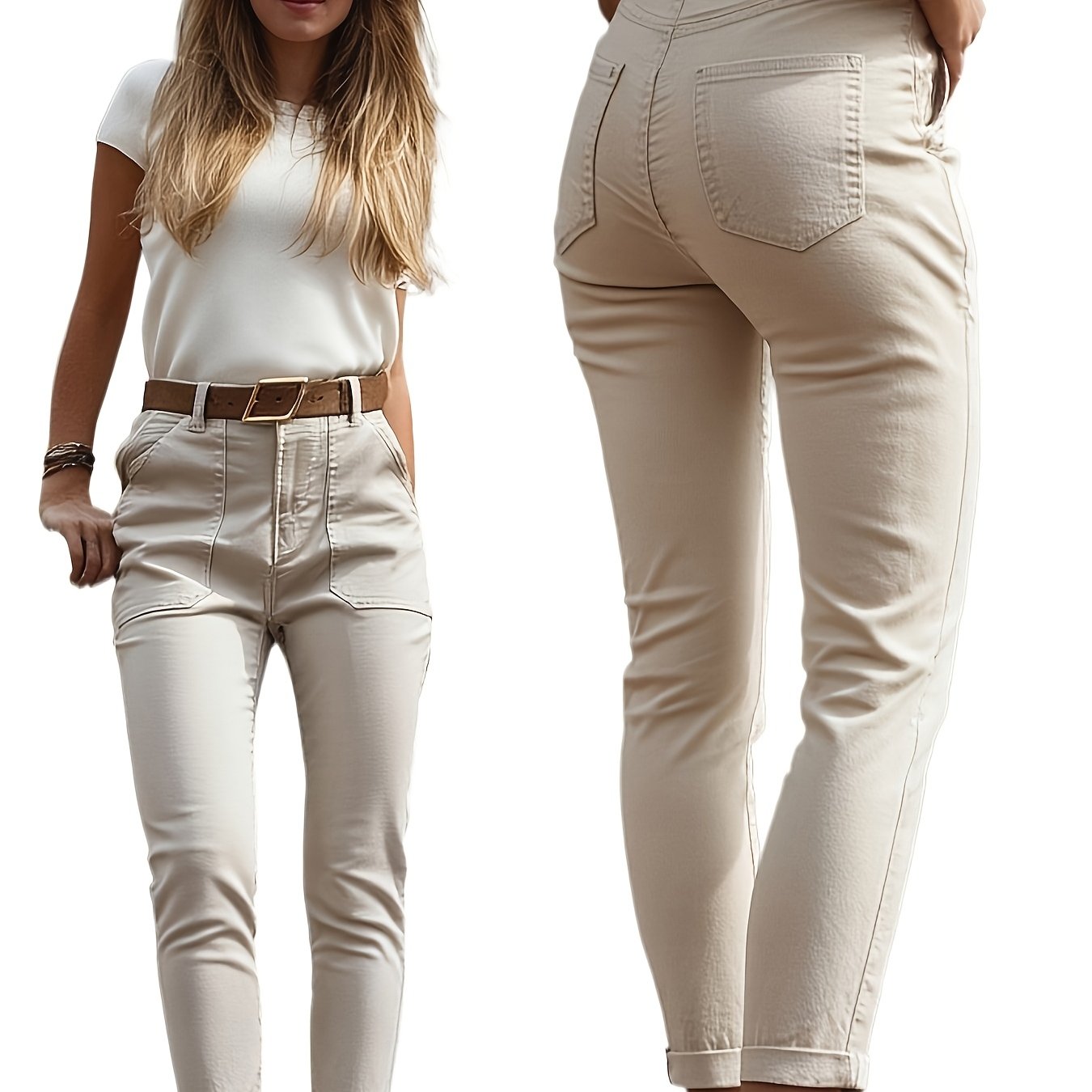Image of 2026 Spring New French Retro Beige Casual Jeans High Waist Cropped Rolled Edge Casual Pants Versatile Casual Denim Pants
