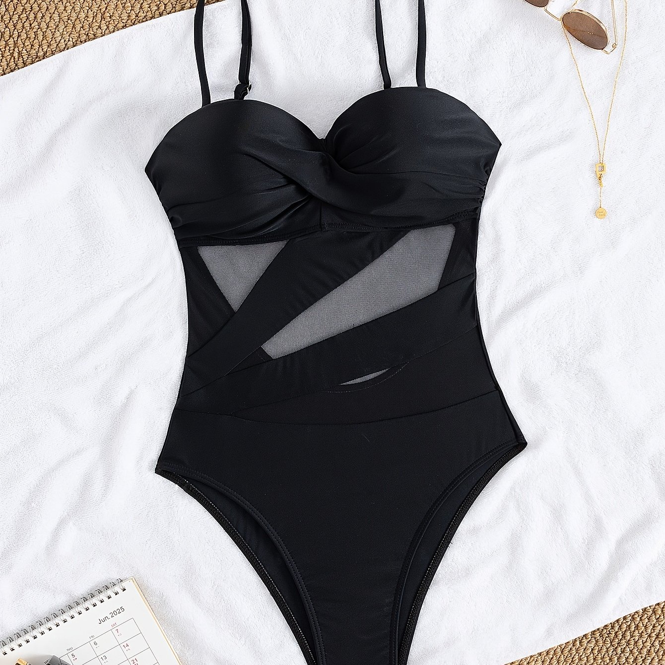 E-shop Elegantes trägerloses Einteiler-Badeanzug - Schwarzer Meerjungfrau-Bikini mit Bauchkontrolle & Mesh-Einsatz, Vollständige Abdeckung mit festen