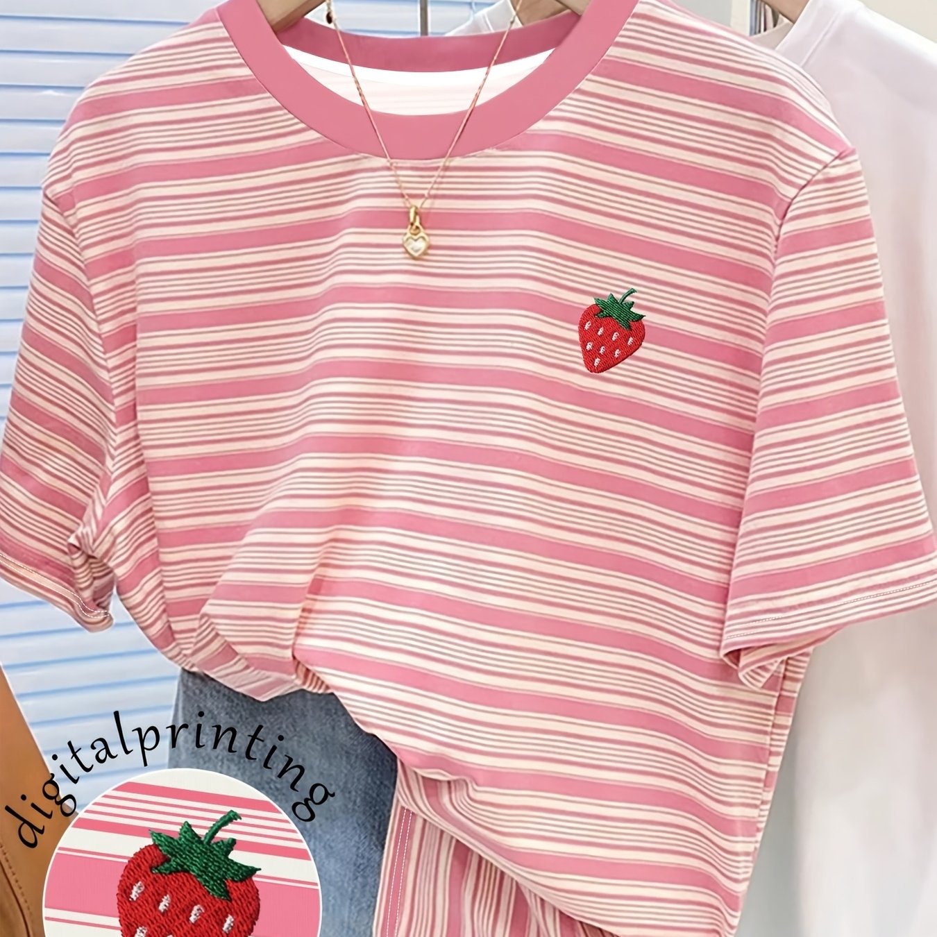 TEMU Women's Strawberry Print T-shirt - Short Sleeve Crew Neck -compatible Base Layer Top | Machine Washable Summer Casual Wear Suitable For Daily