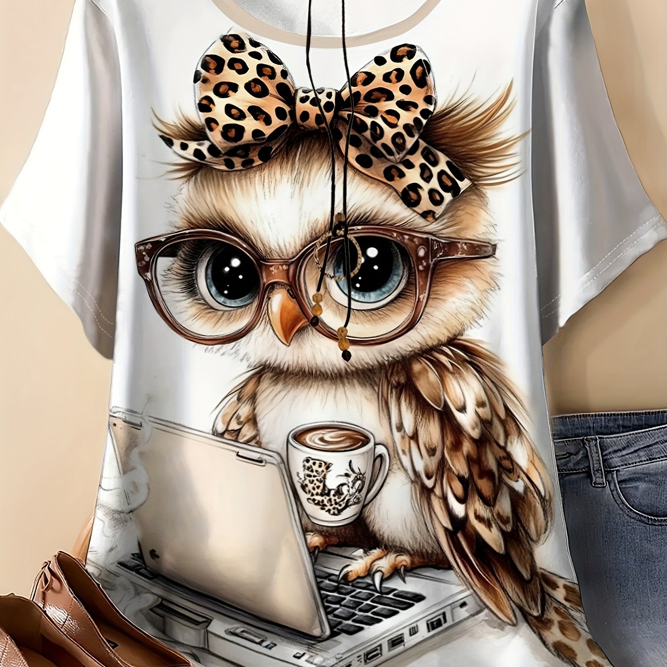 TEMU Plus Size - Plus Size - Plus-size Women's Cute Owl Print T-shirt - A Casual Short-sleeve Round-neck Top With A Art Design, Breathable And