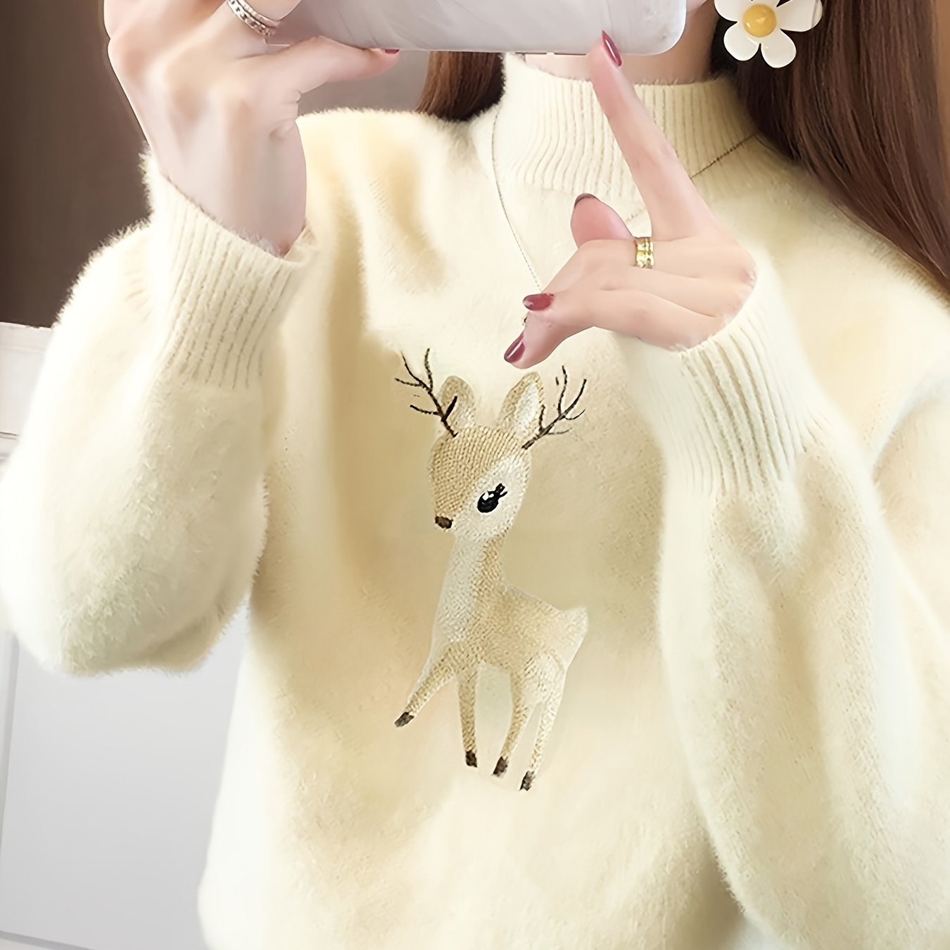 TEMU 여성 발렌타인데이, 크리스마스 스웨터, 여성용, 성 패트릭 데이용 인조 밍크, 하프 하이넥 풀오버 뮤직 페스티벌 의상, 겨울 자수 사슴 따뜻한 풀오버