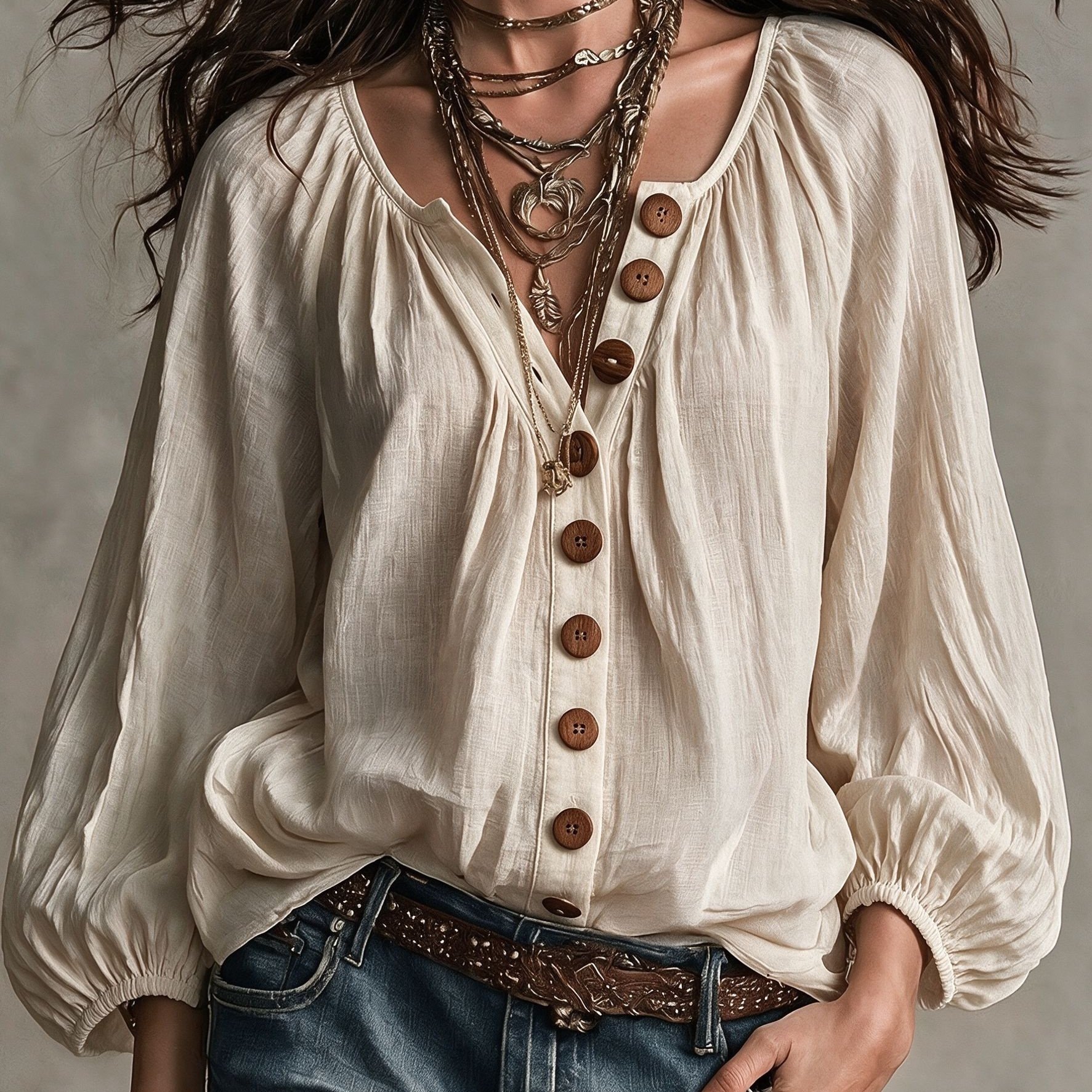TEMU Western Cowgirl Bohemian Loose Blouse For Women, Crinkle Textured Fabric Half Wooden Button Top, Lantern 3/4 Sleeve Flowy Beach Holiday Shirt