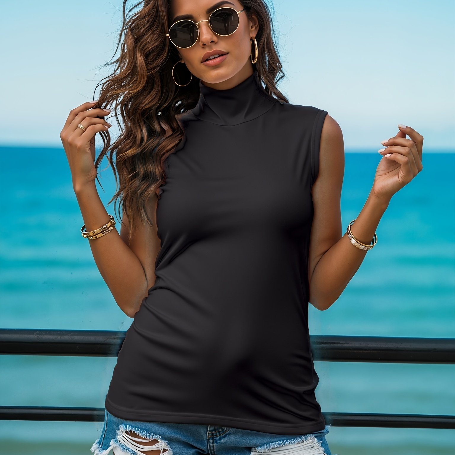 TEMU Plus Size, Dames Halsband Zachte Rekbare Mouwloze Top, Veelzijdig voor Laagjes of als Buitenste Shirt